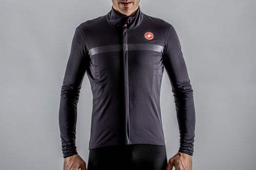 Studio photo of a model wearing the Castelli Goccia Jacket shot straight on.