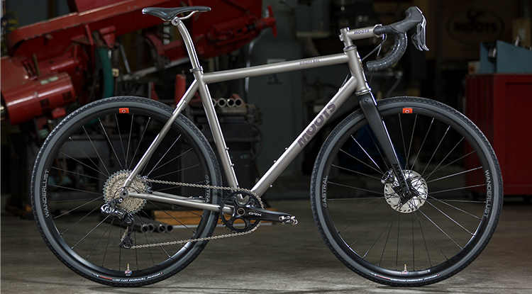 Side view of grey Moots Routt RSL Bike in dark garage