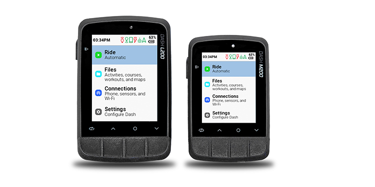 Front view of the Stages Dash Cycling 200 series bike computers side by side against a white background