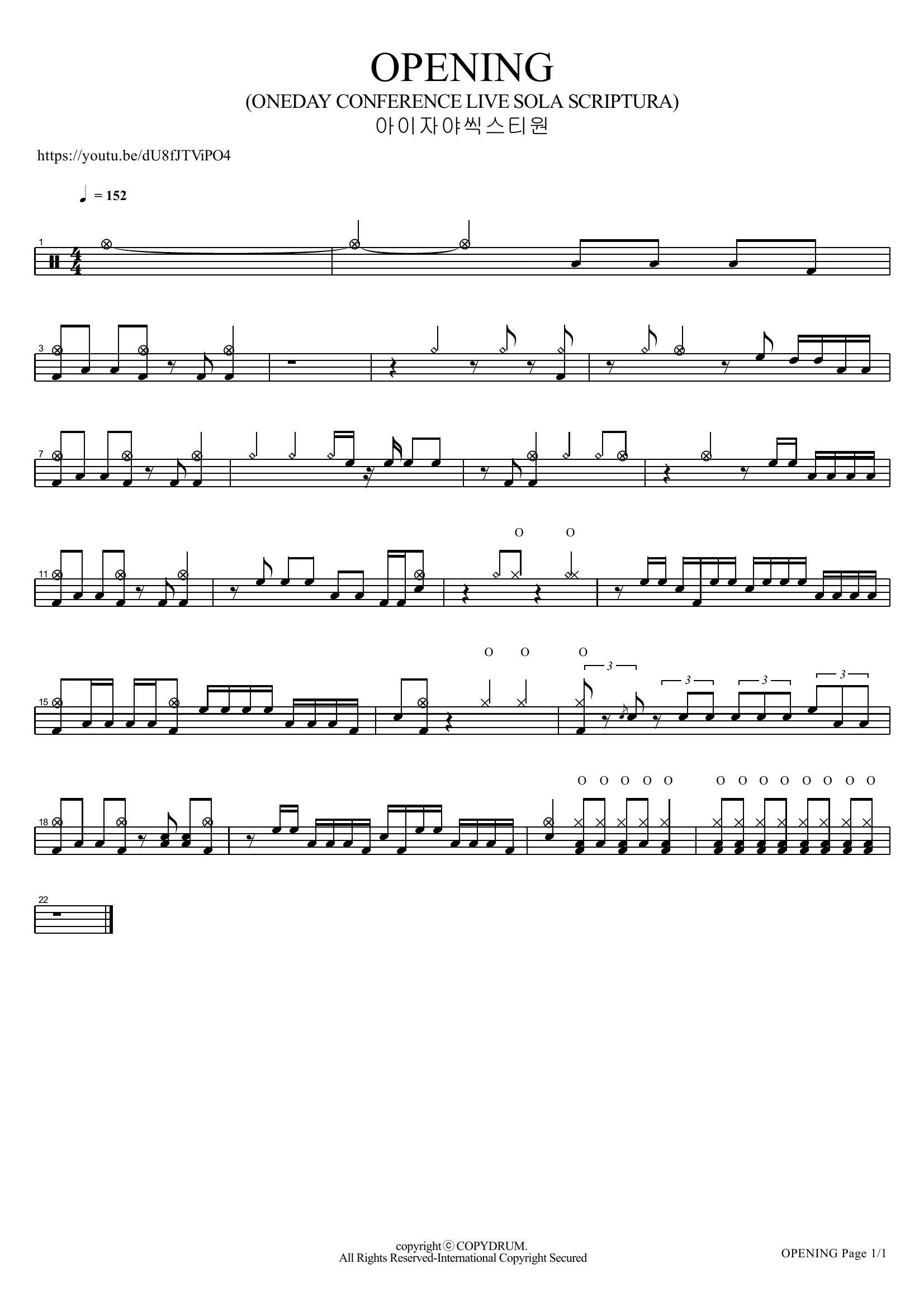 OPENING (ONEDAY CONFERENCE LIVE SOLA SCRIPTURA) - 아이자야씩스티원 - Full Drum Transcription / Drum Sheet Music - COPYDRUM