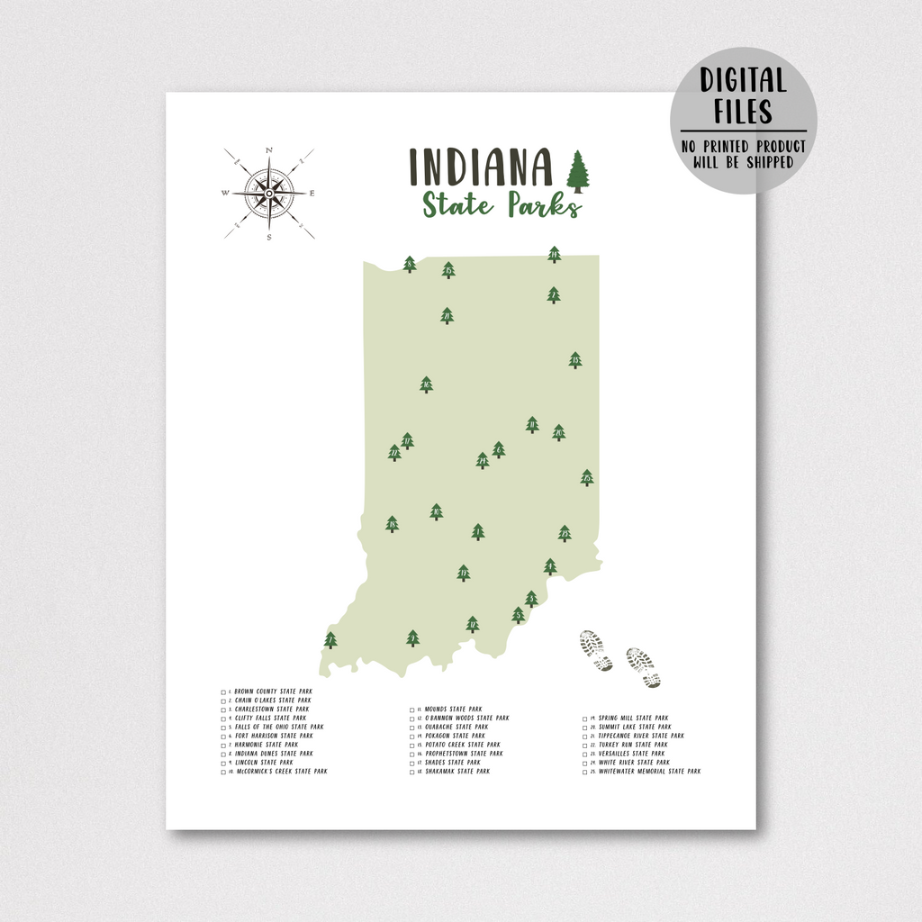 Indiana State Parks Map Gift For Hiker Indiana Map Digital Print