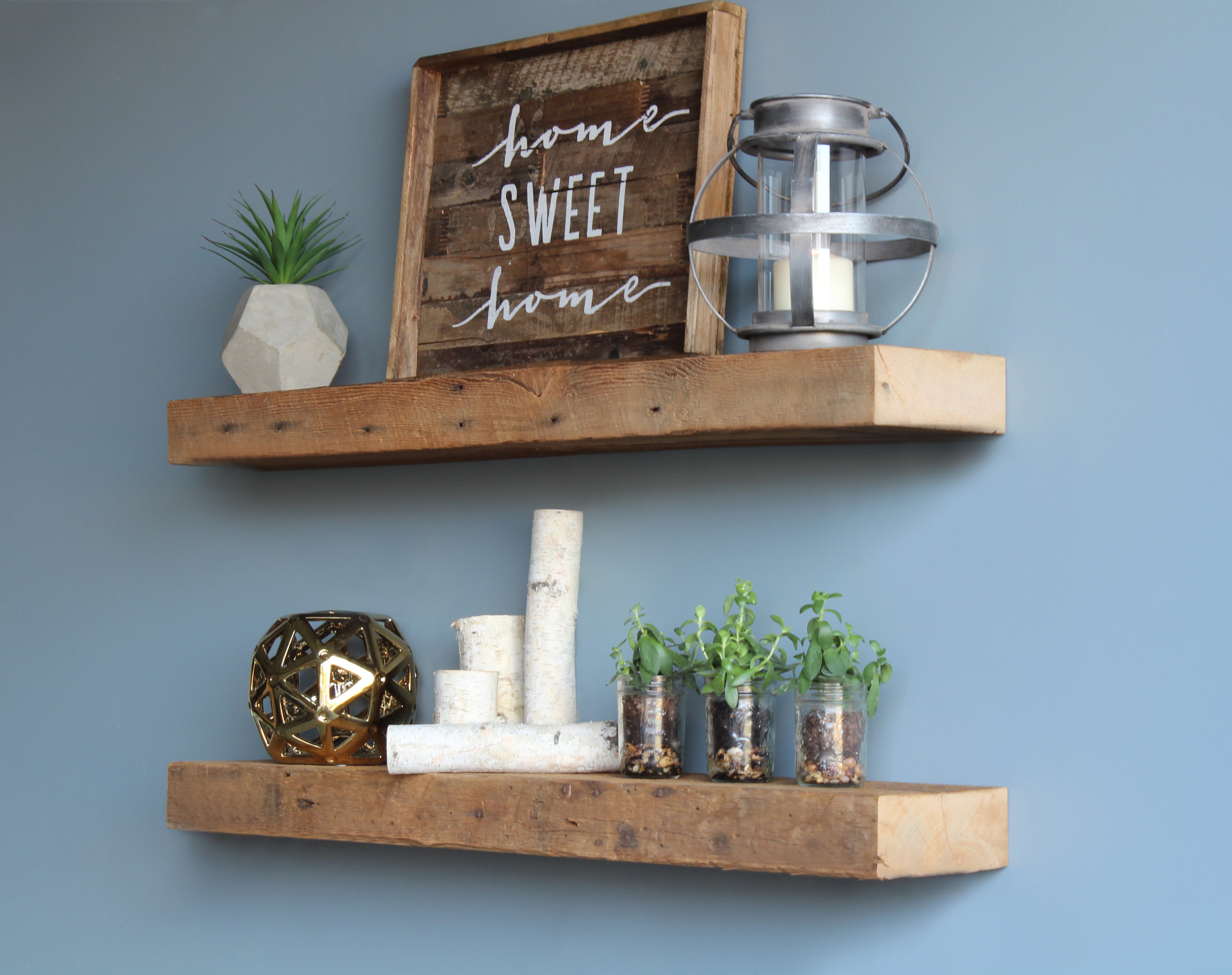 Chunky reclaimed barn wood floating shelves