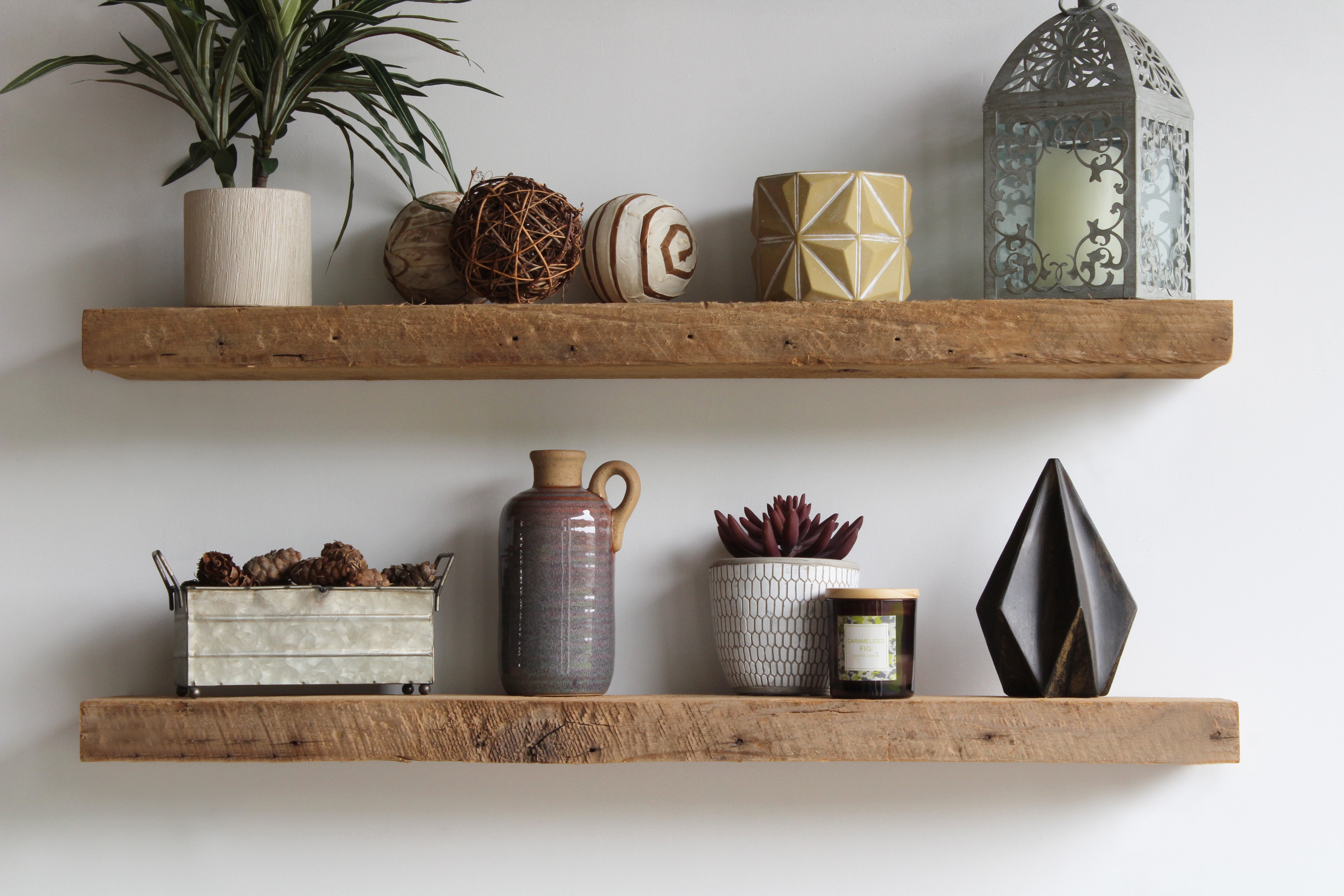 reclaimed wood shelves living room