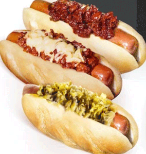  product shot of three of Den’s Hot Dogs options