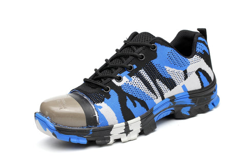 Blue Camouflaged Soldier Shoes highlighting steel toe