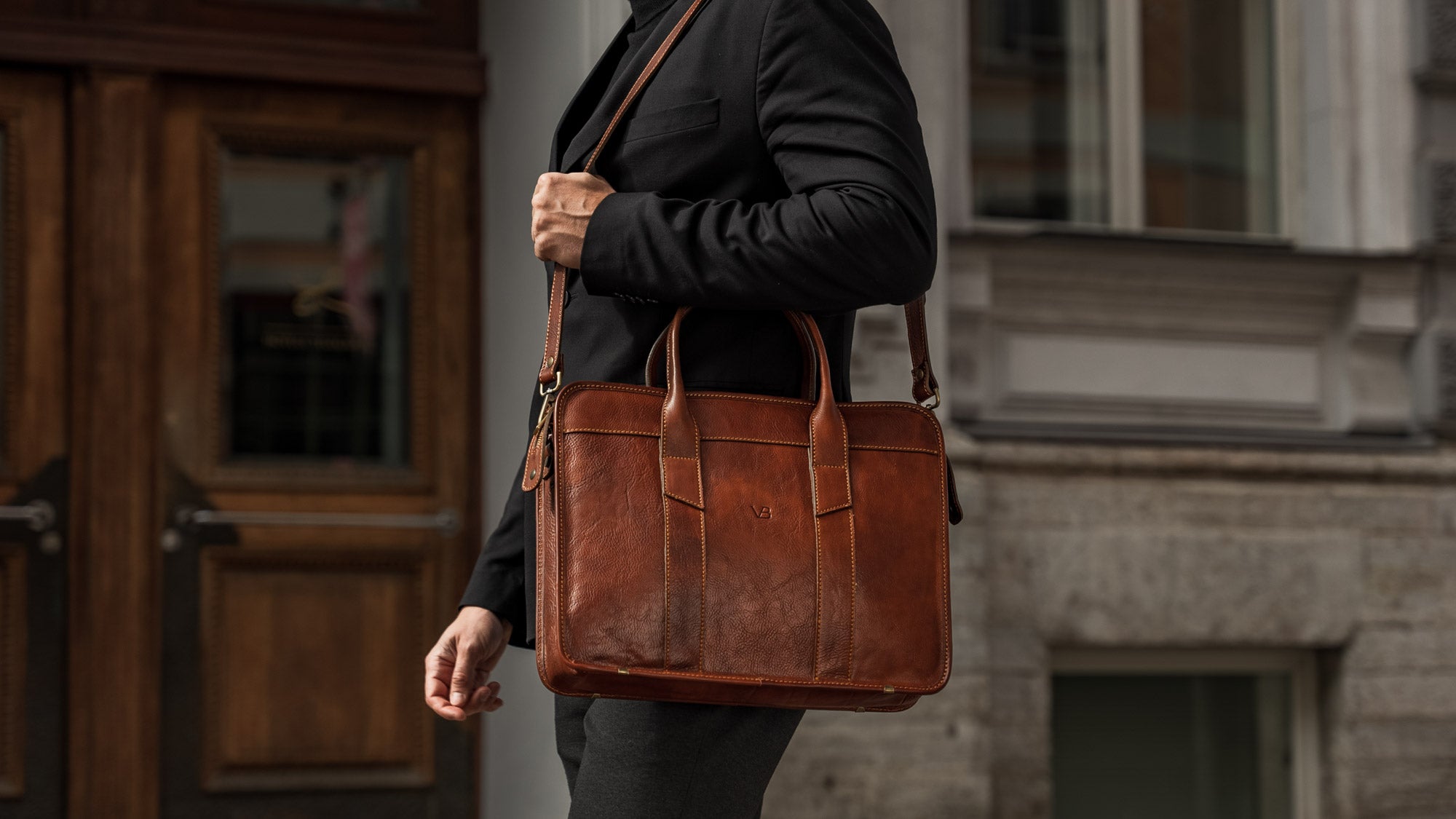 Slim Leather Laptop Bag for Men with14 inch Laptop Compartment - Von Baer