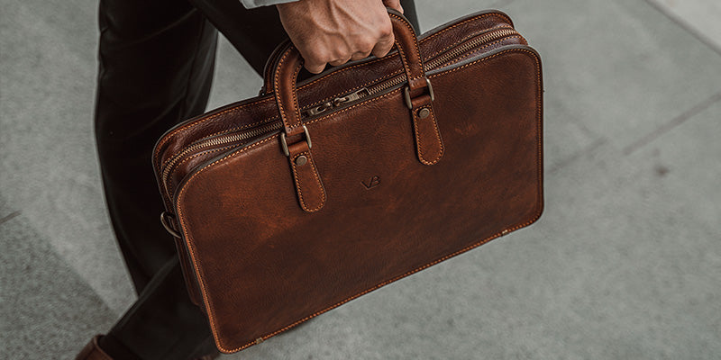 elegant slim leather briefcase in brown
