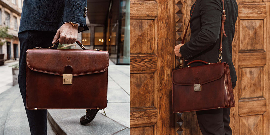 no.1 mens leather briefcase in brown carried by man