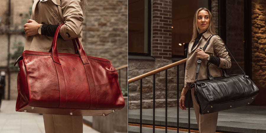 red leather luggage