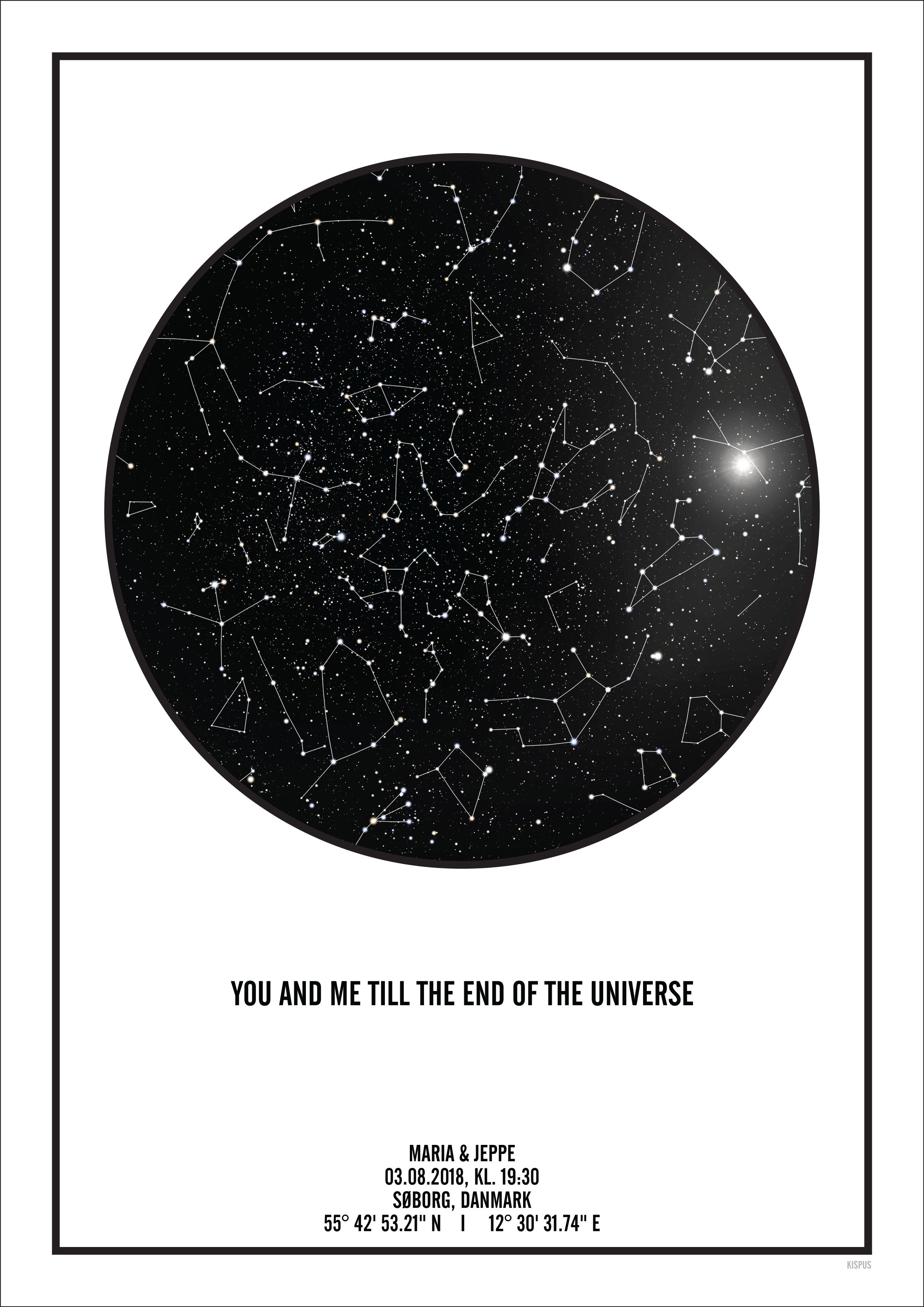 Se PERSONLIG STJERNEHIMMEL PLAKAT (HVID) - A4 / Stjernehimmel med stjernebilleder hos KISPUS