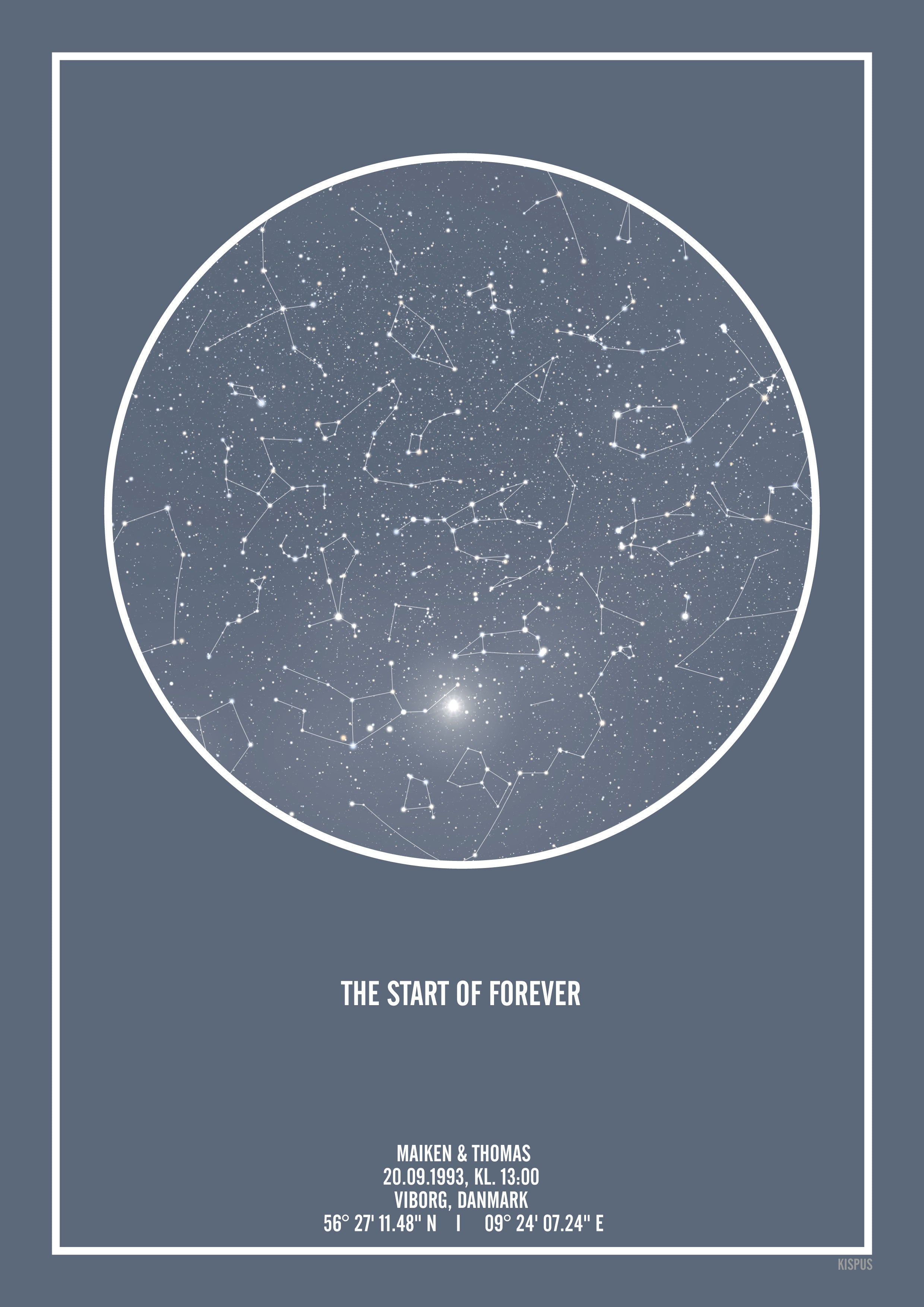 Billede af PERSONLIG STJERNEHIMMEL PLAKAT (BLÅGRÅ) - A4 / Hvid tekst / Stjernehimmel med Stjernebilleder
