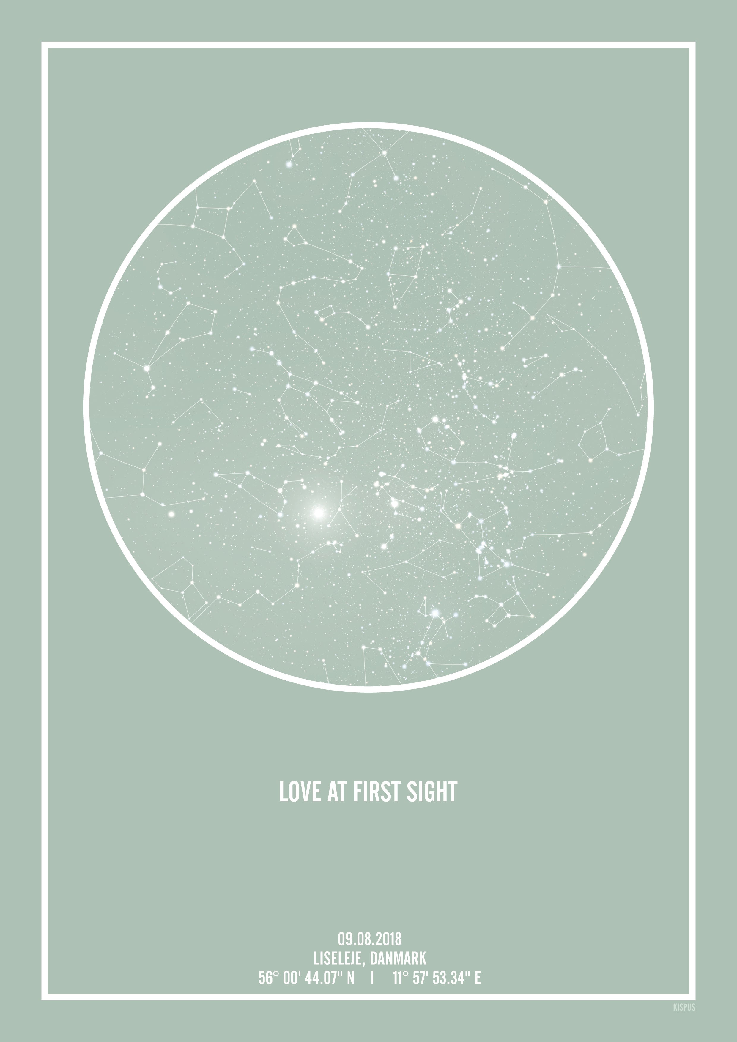 Billede af PERSONLIG STJERNEHIMMEL PLAKAT (LYSEGRØN) - A4 / Hvid tekst + lysegrøn stjernehimmel / Stjernehimmel med stjernebilleder