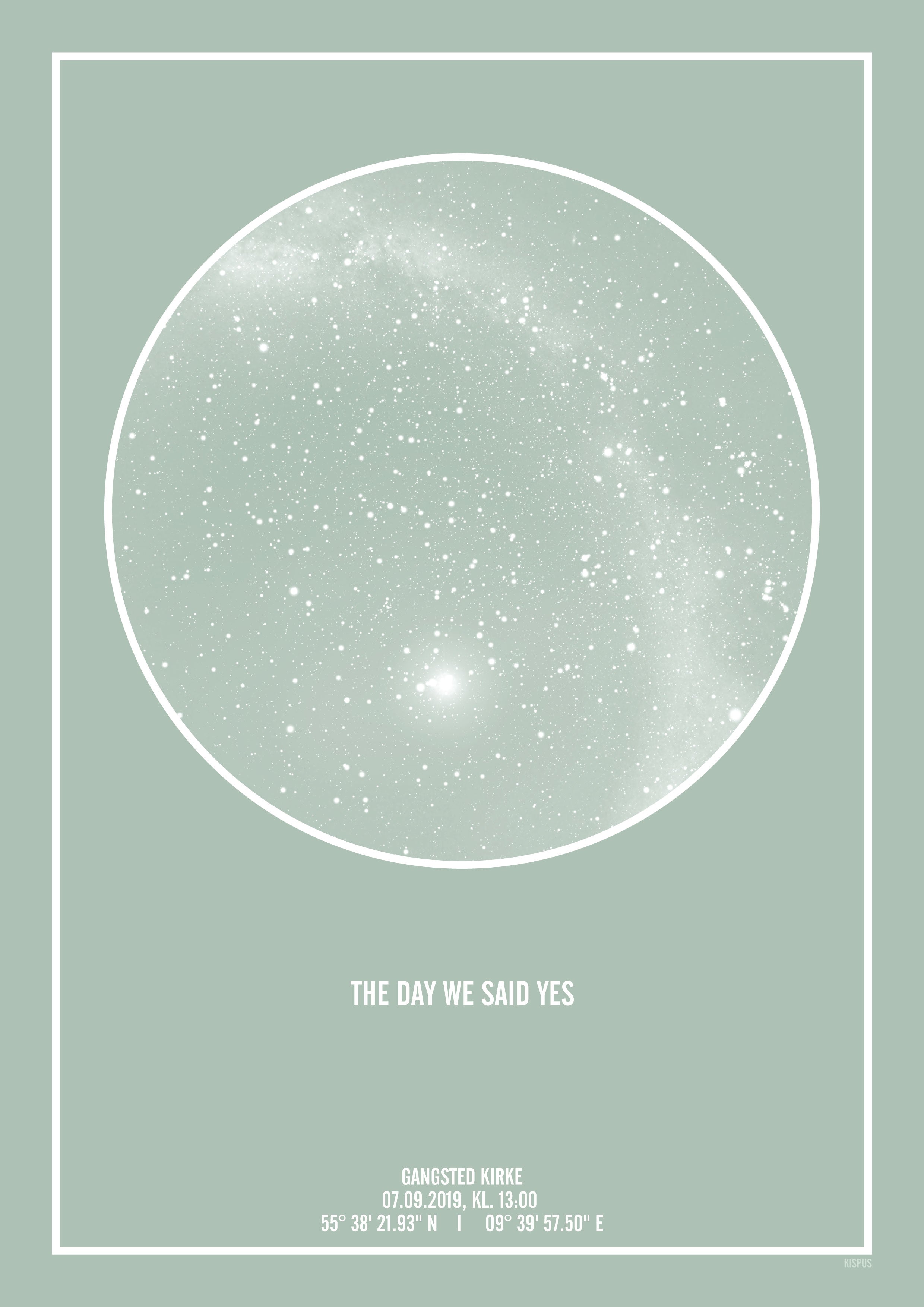Billede af PERSONLIG STJERNEHIMMEL PLAKAT (LYSEGRØN) - A4 / Hvid tekst + lysegrøn stjernehimmel / Stjernehimmel med mælkevej