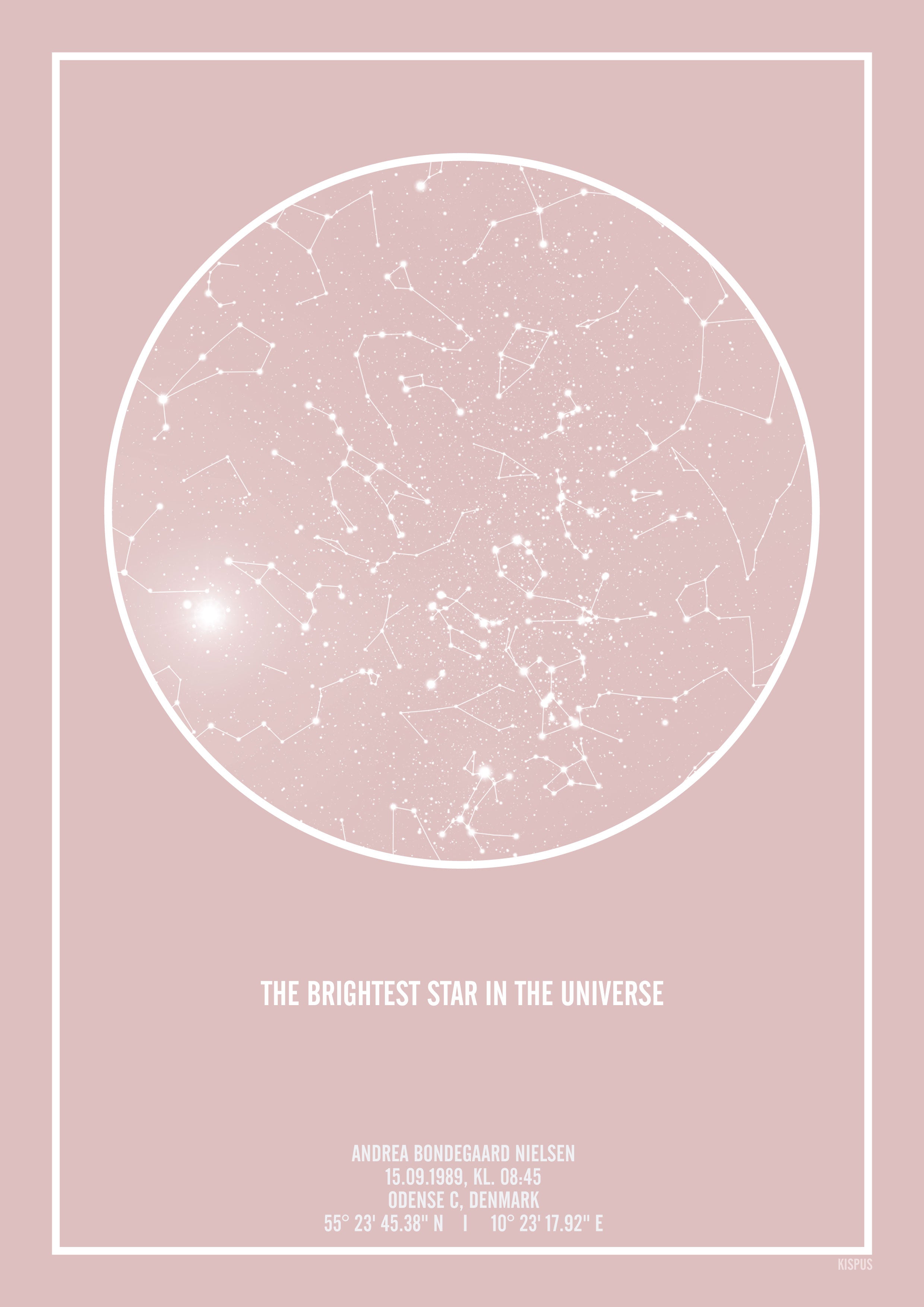 Se PERSONLIG STJERNEHIMMEL PLAKAT (LYSERØD) - 30x40 / Hvid tekst og lyserød stjernehimmel / Stjernehimmel med stjernebilleder hos KISPUS