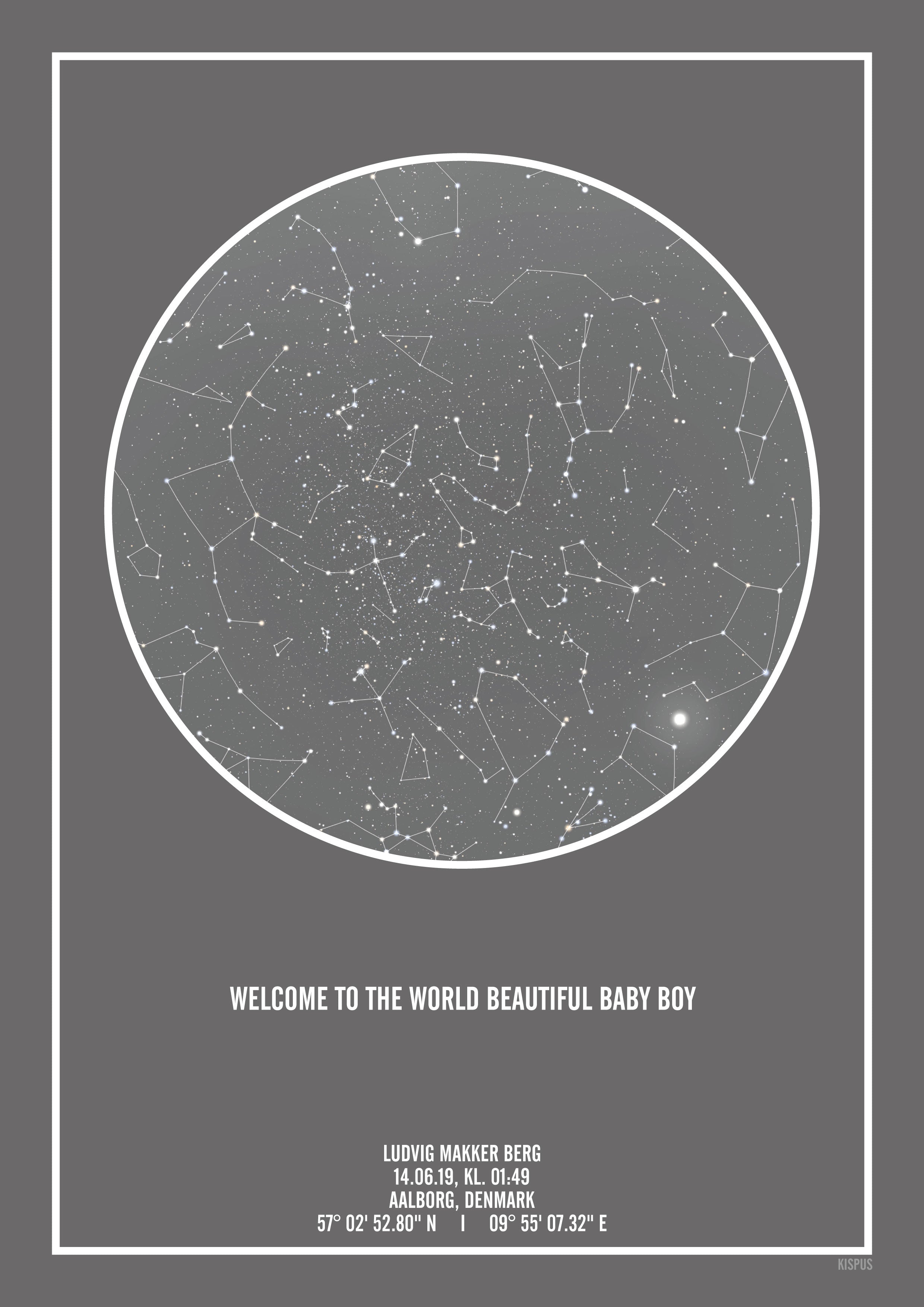 Billede af PERSONLIG STJERNEHIMMEL PLAKAT (MØRKEGRÅ) - A4 / Hvid tekst + grå stjernehimmel / Stjernehimmel med Stjernebilleder