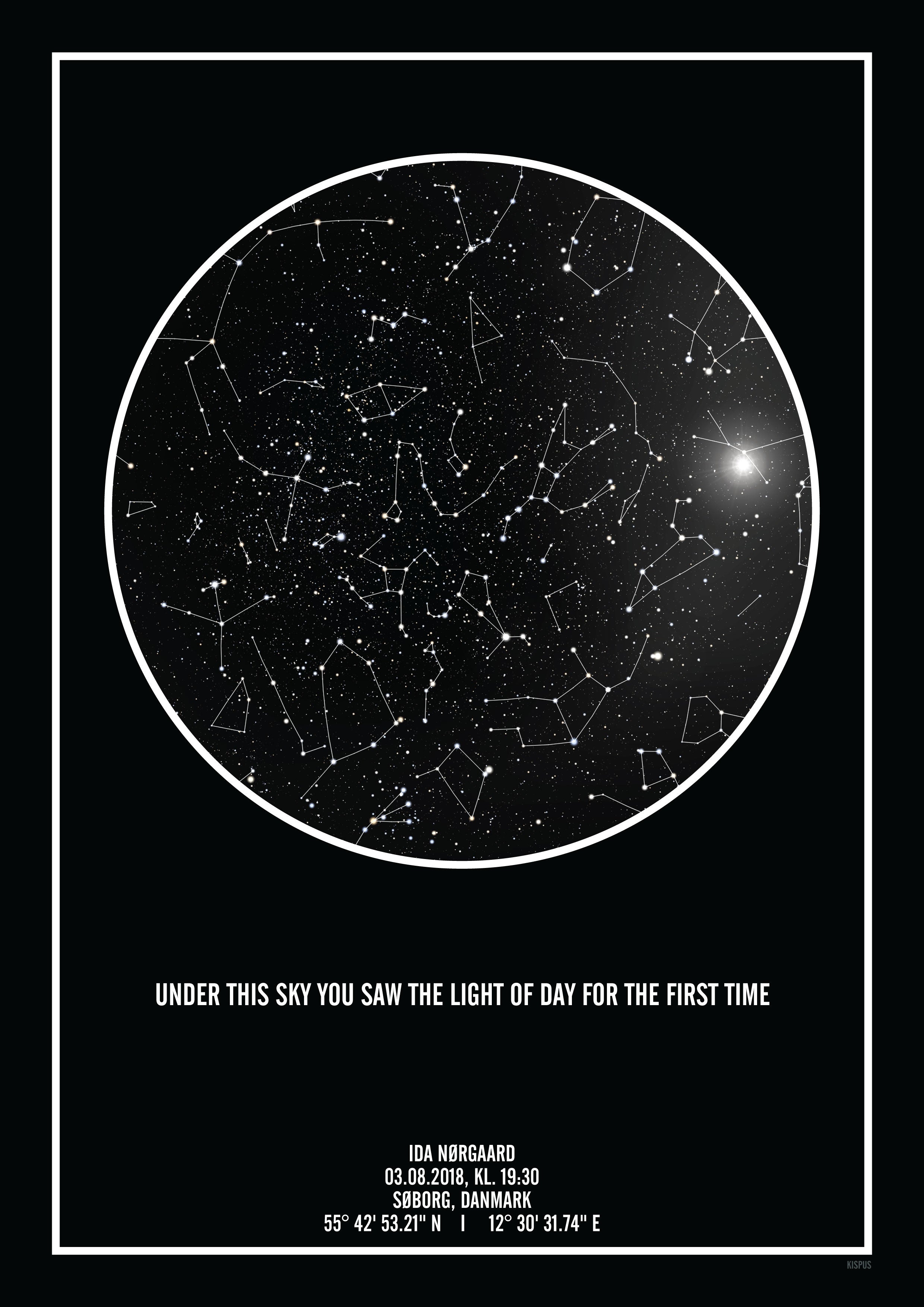 Se PERSONLIG STJERNEHIMMEL PLAKAT (SORT) - A4 / Stjernehimmel med stjernebilleder hos KISPUS