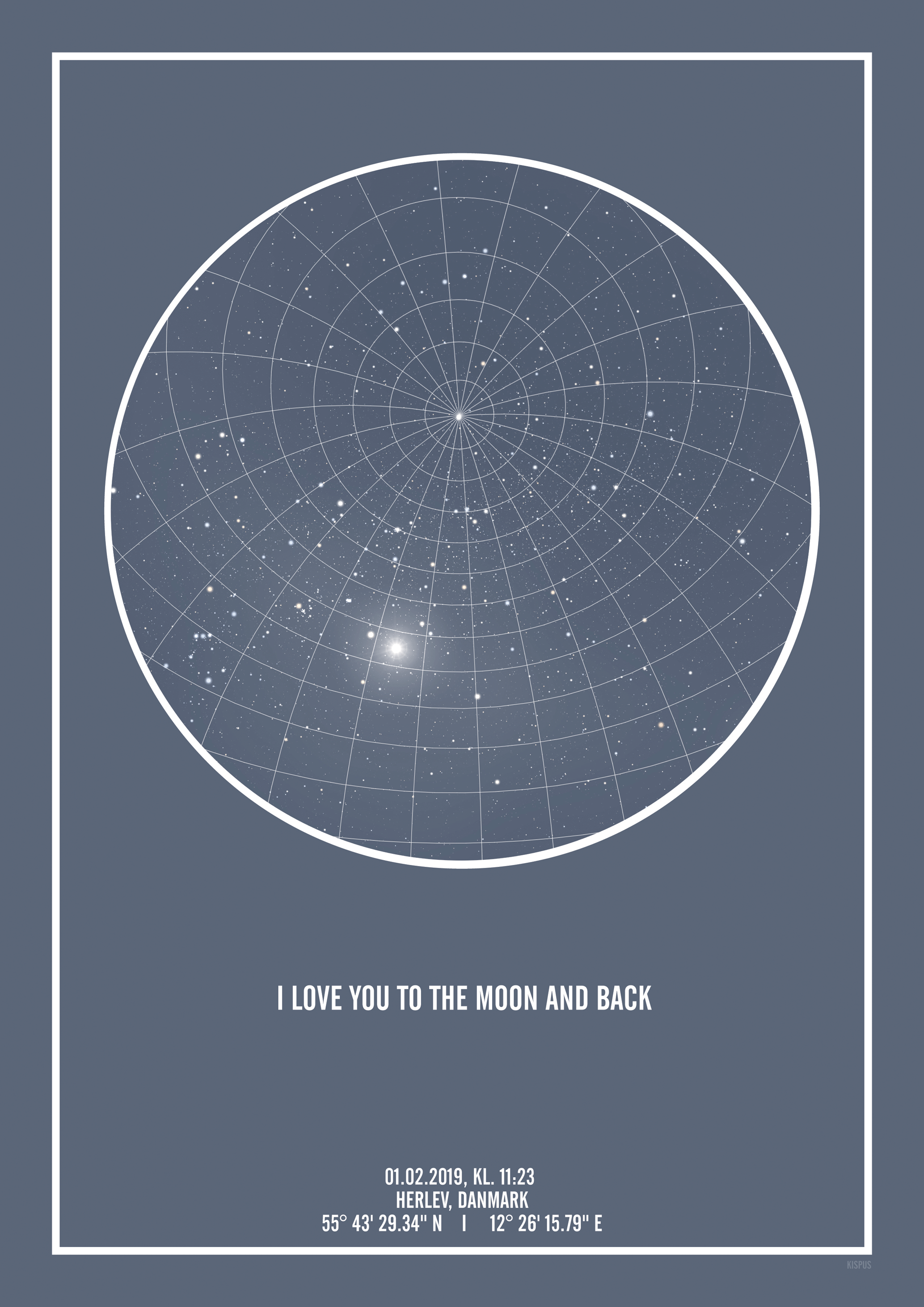 Billede af PERSONLIG STJERNEHIMMEL PLAKAT (BLÅGRÅ) - A4 / Hvid tekst / Stjernehimmel med Gitter