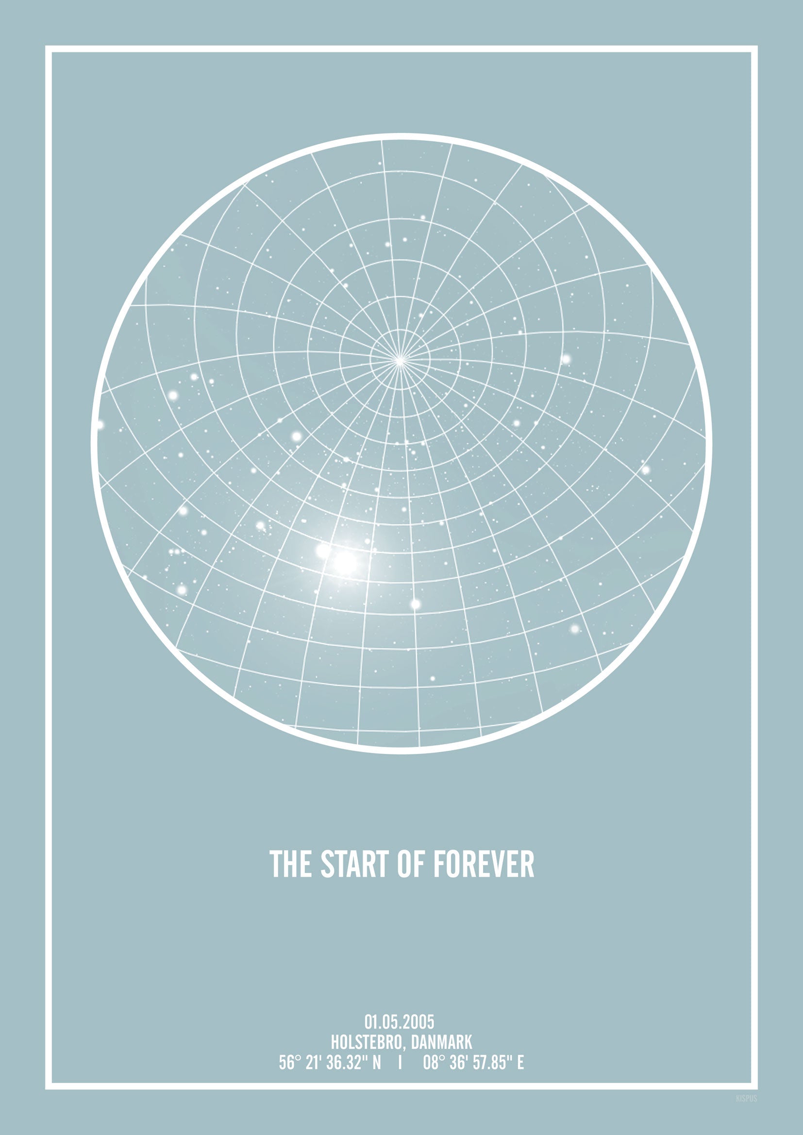 Billede af PERSONLIG STJERNEHIMMEL PLAKAT (LYSEBLÅ) - A4 / Hvid tekst med lyseblå stjernehimmel / Stjernehimmel med Gitter