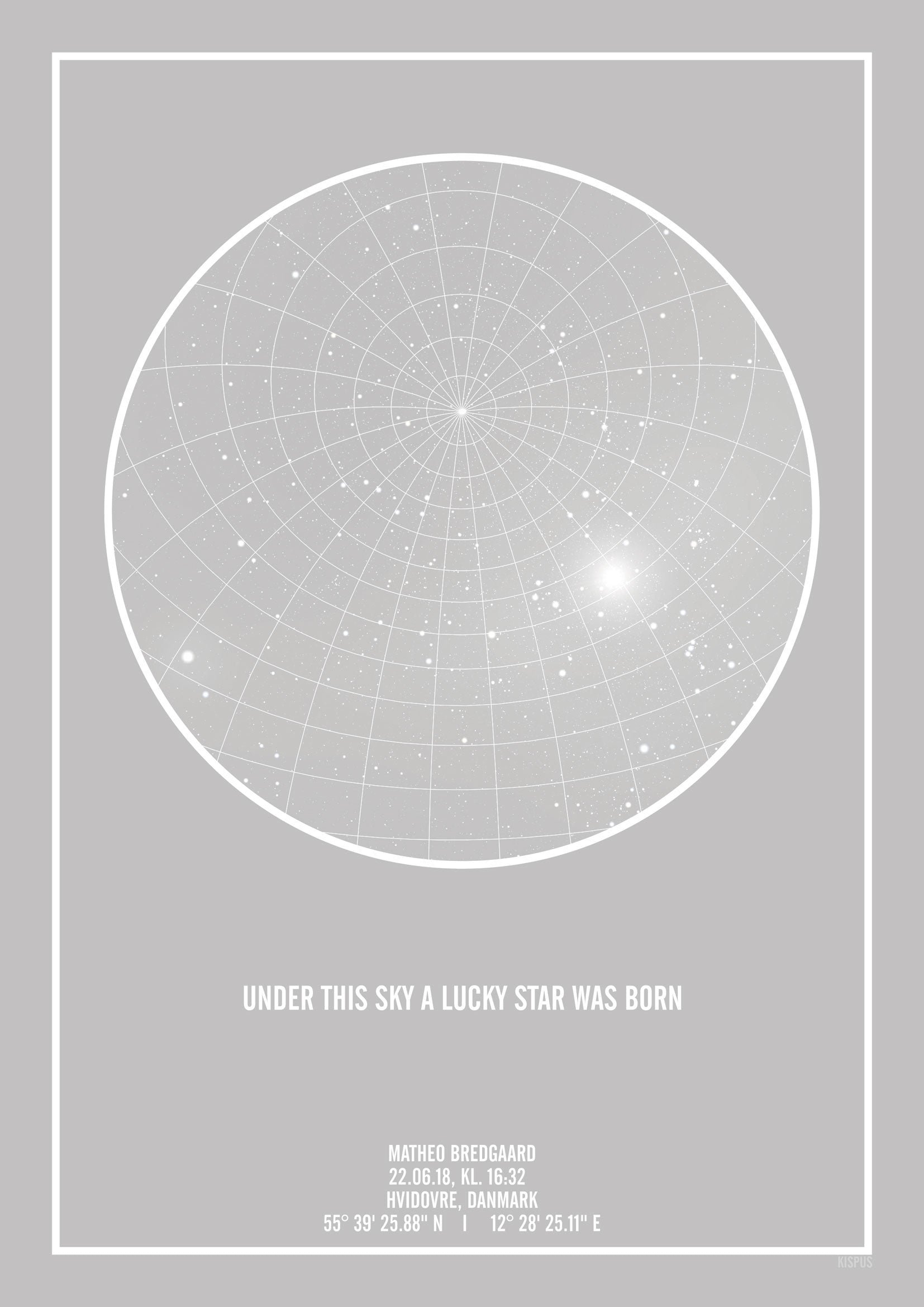 Billede af PERSONLIG STJERNEHIMMEL PLAKAT (LYSEGRÅ) - A4 / Hvid tekst + grå stjernehimmel / Stjernehimmel med Gitter