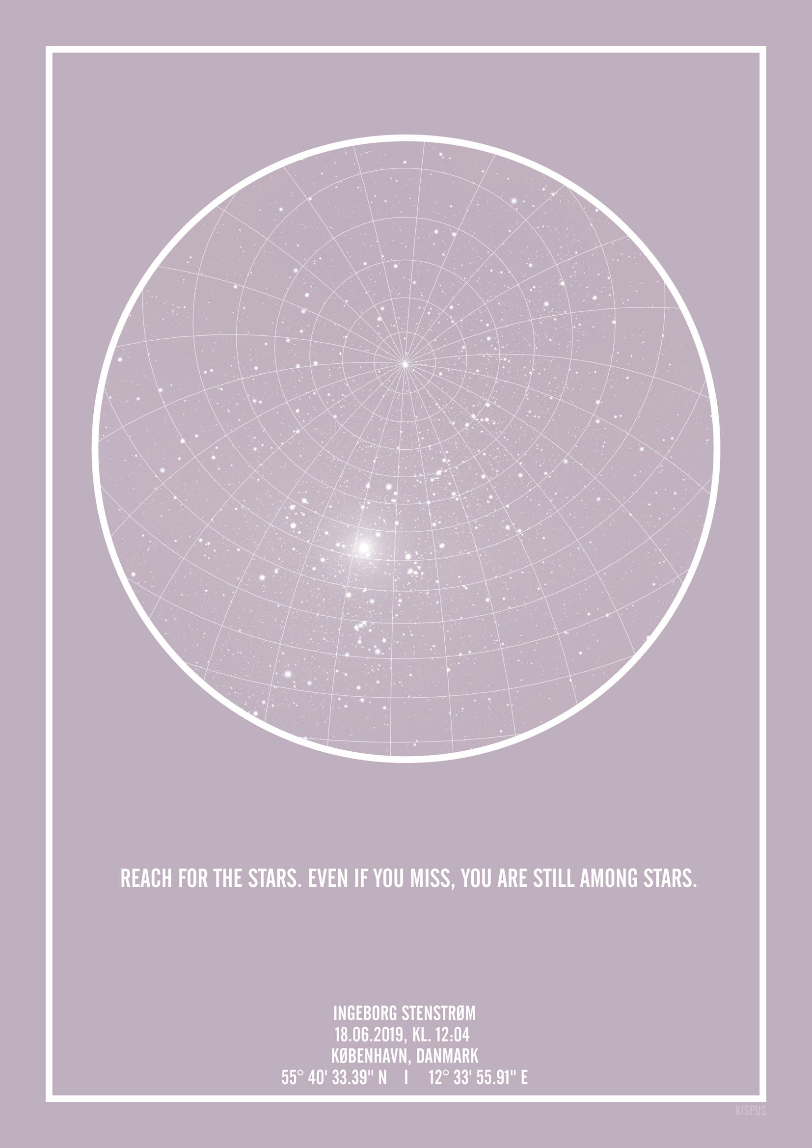 Billede af PERSONLIG STJERNEHIMMEL PLAKAT (LYSELILLA) - 30x40 / Hvid tekst og lyselilla stjernehimmel / Stjernehimmel med gitter