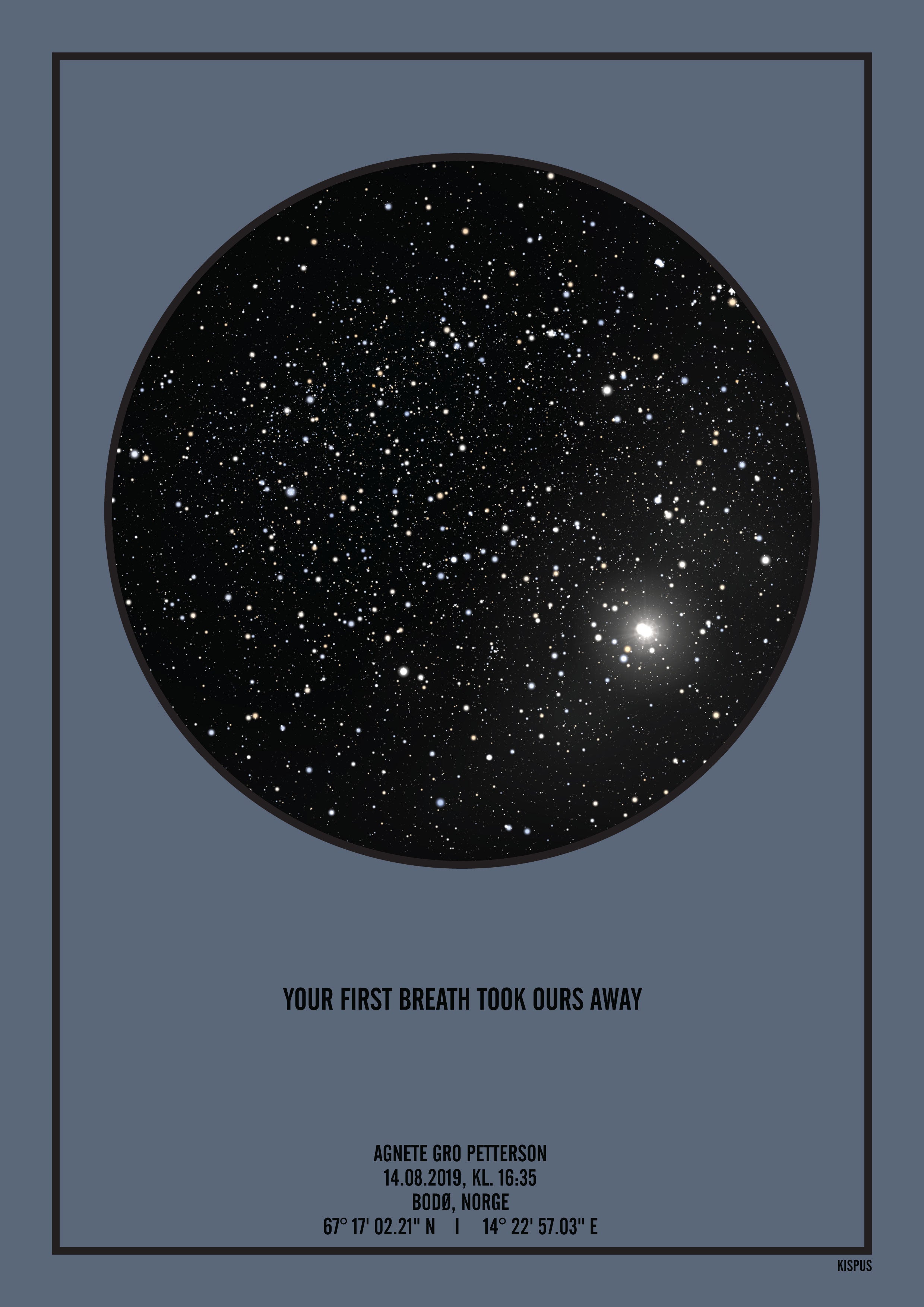 Billede af PERSONLIG STJERNEHIMMEL PLAKAT (BLÅGRÅ) - A4 / Sort tekst og sort stjernehimmel / Klar stjernehimmel