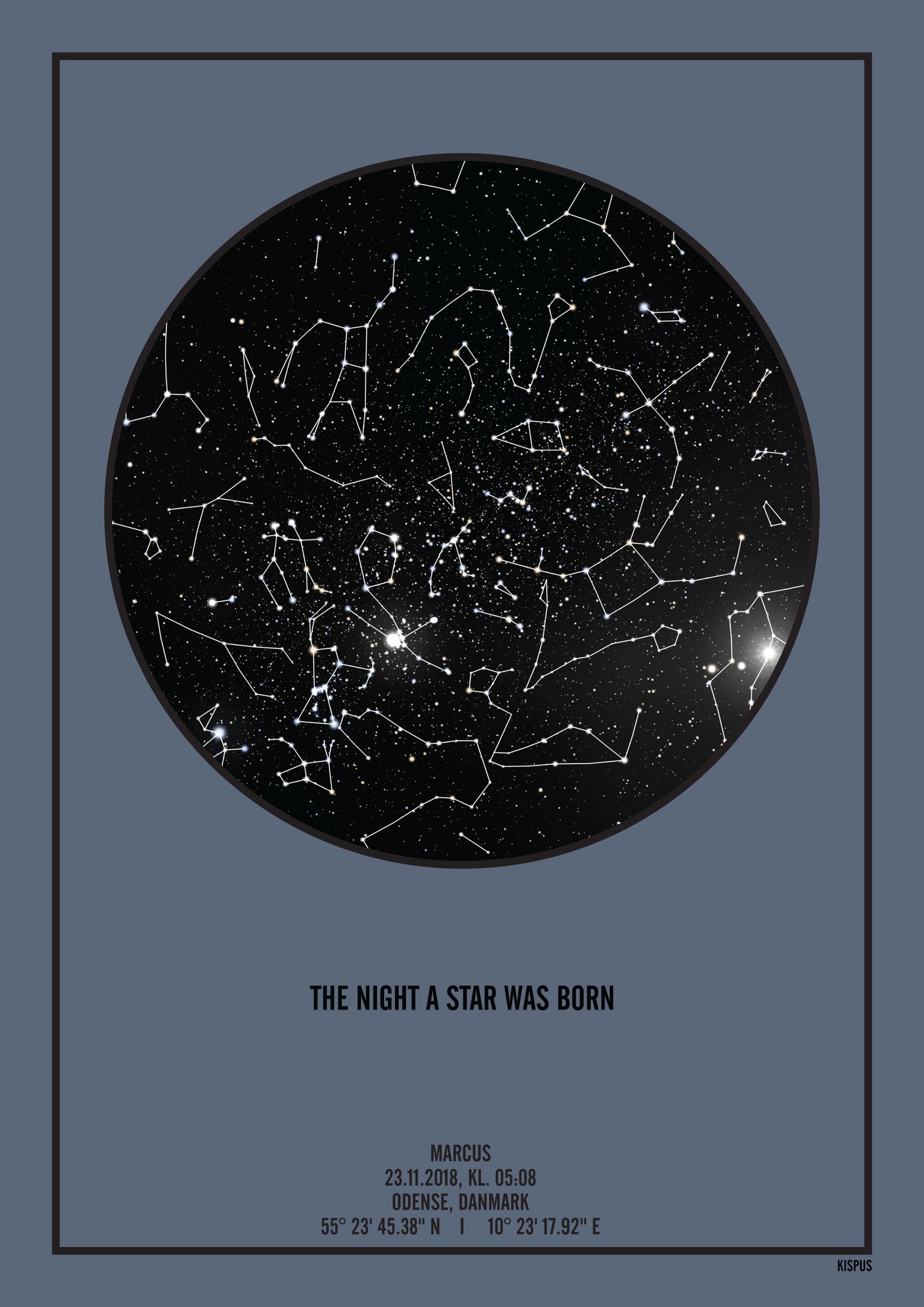 Billede af PERSONLIG STJERNEHIMMEL PLAKAT (BLÅGRÅ) - A4 / Sort tekst og sort stjernehimmel / Stjernehimmel med Stjernebilleder