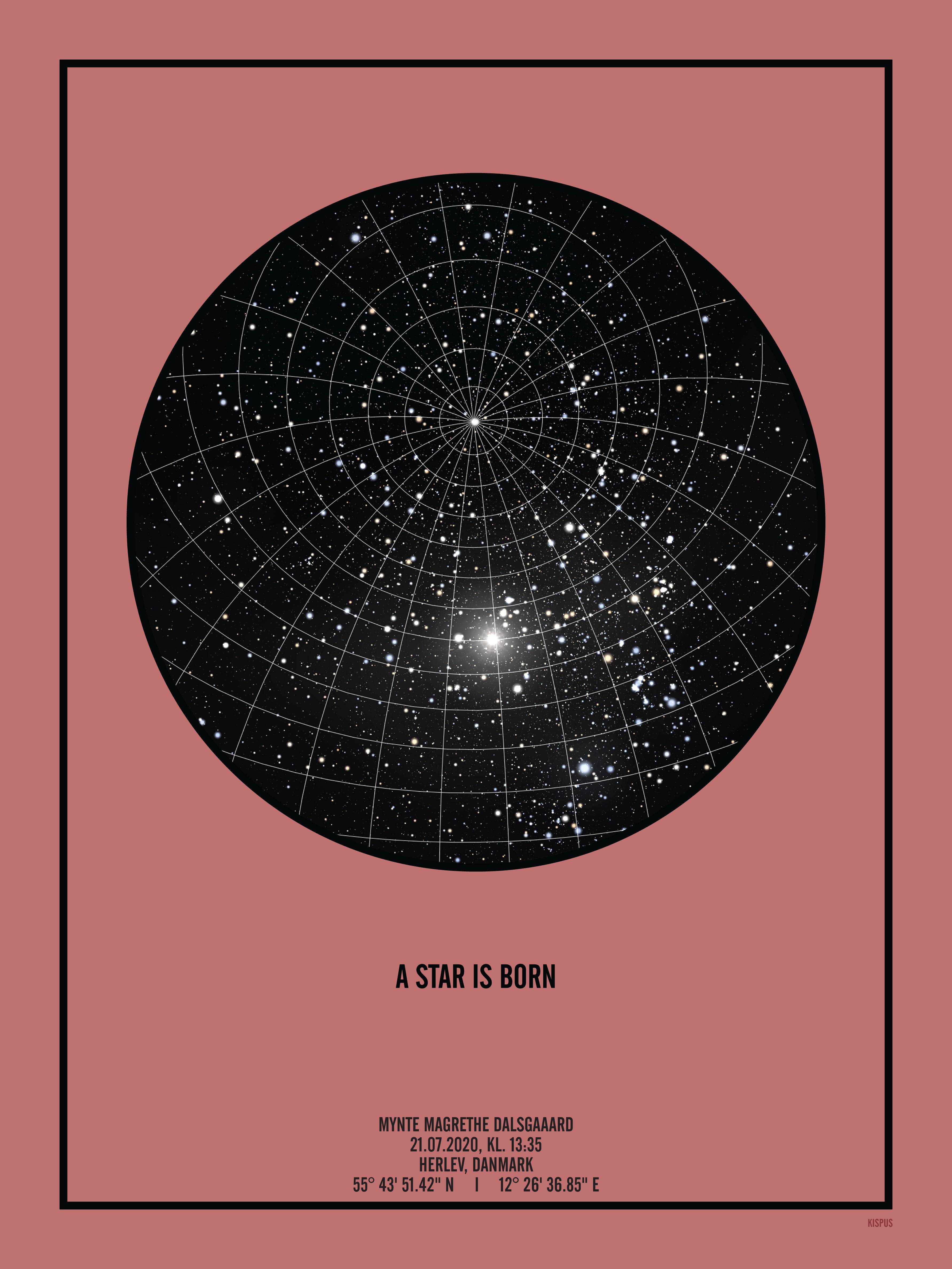 Billede af PERSONLIG STJERNEHIMMEL PLAKAT (BLUSH) - A4 / Sort tekst og sort stjernehimmel / Stjernehimmel med gitter
