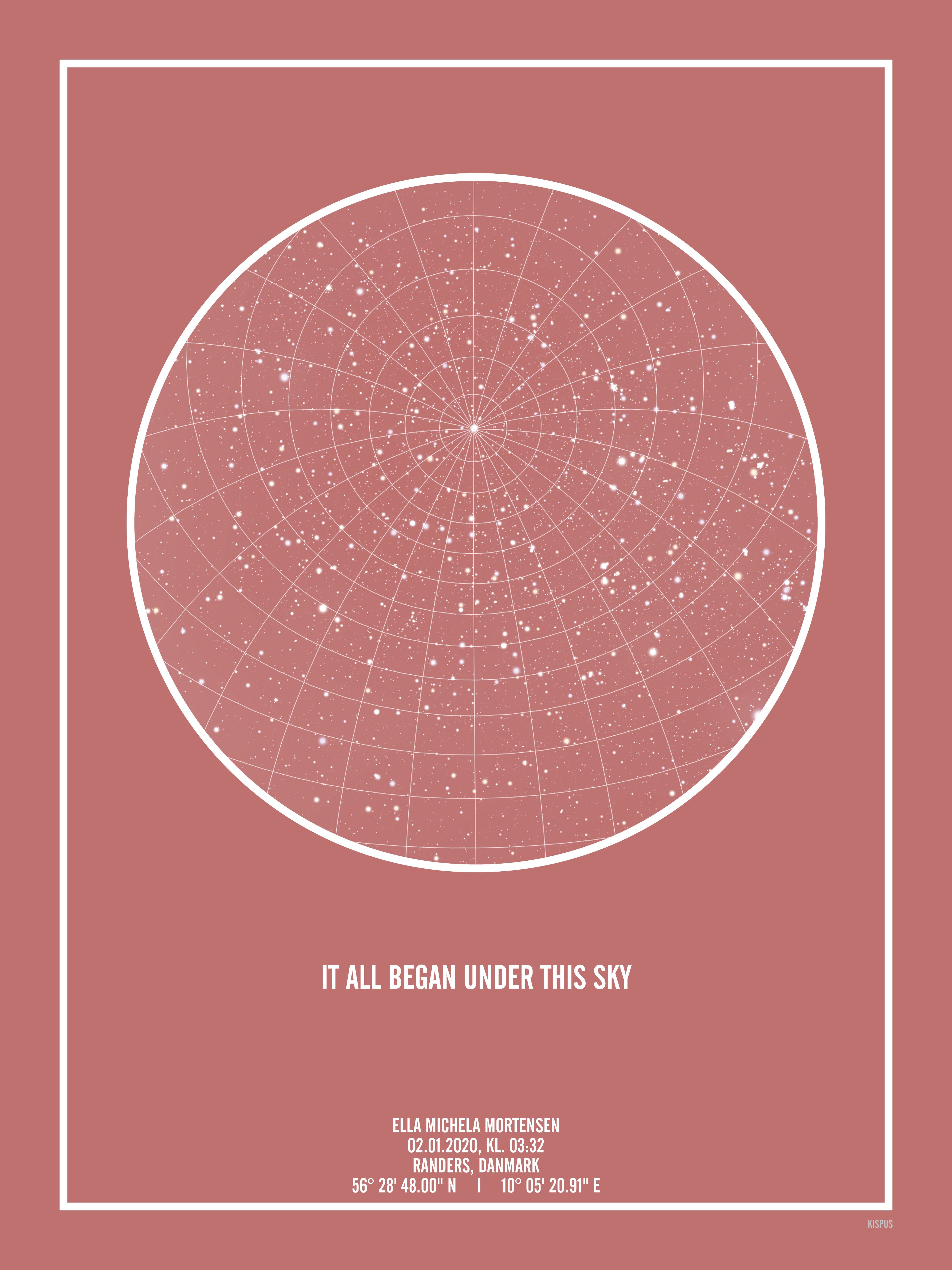 Se PERSONLIG STJERNEHIMMEL PLAKAT (BLUSH) - A4 / Hvid tekst + blush-farvet stjernehimmel / Stjernehimmel med gitter hos KISPUS