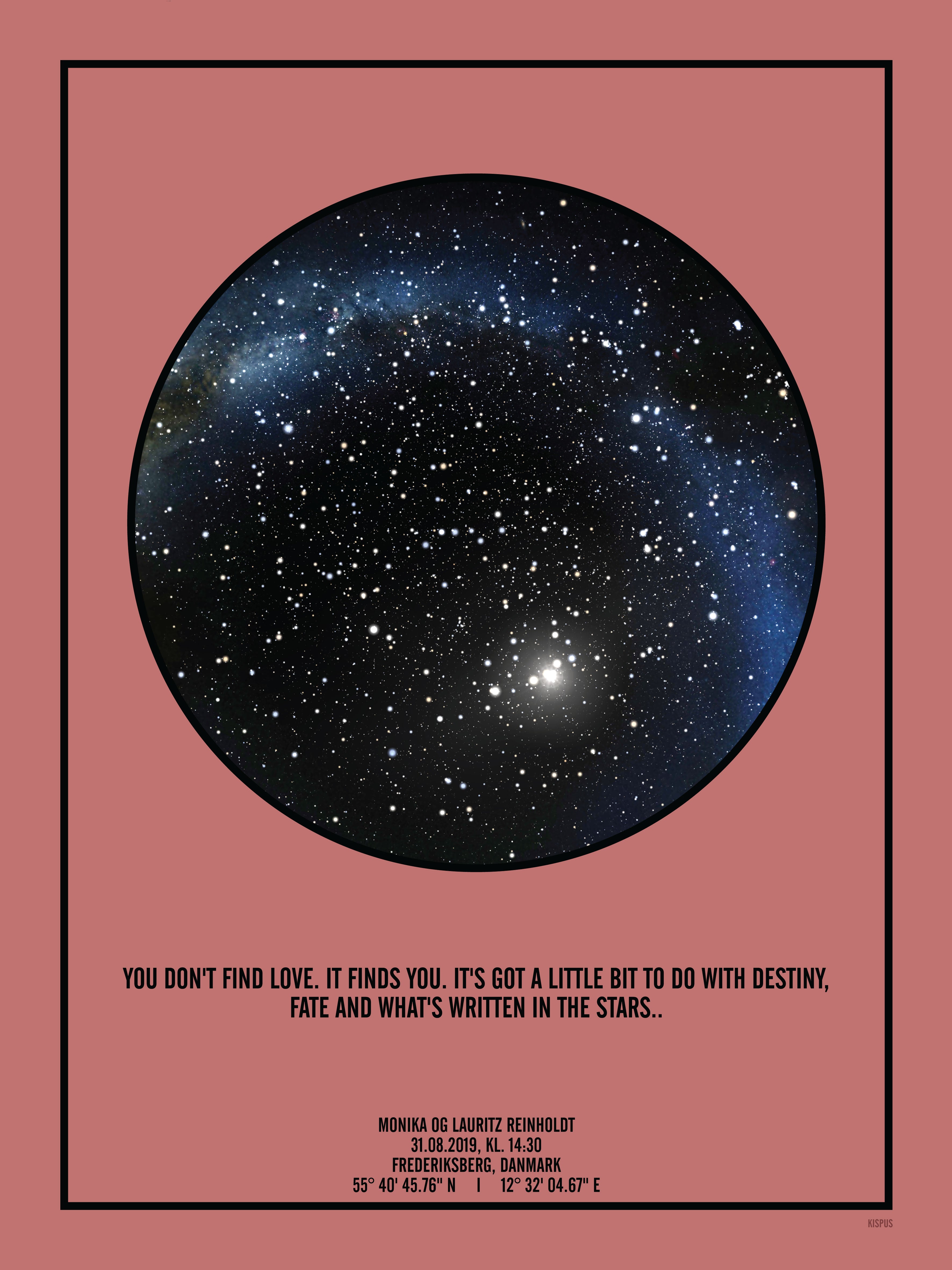 Billede af PERSONLIG STJERNEHIMMEL PLAKAT (BLUSH) - A4 / Sort tekst og sort stjernehimmel / Stjernehimmel med mælkevej