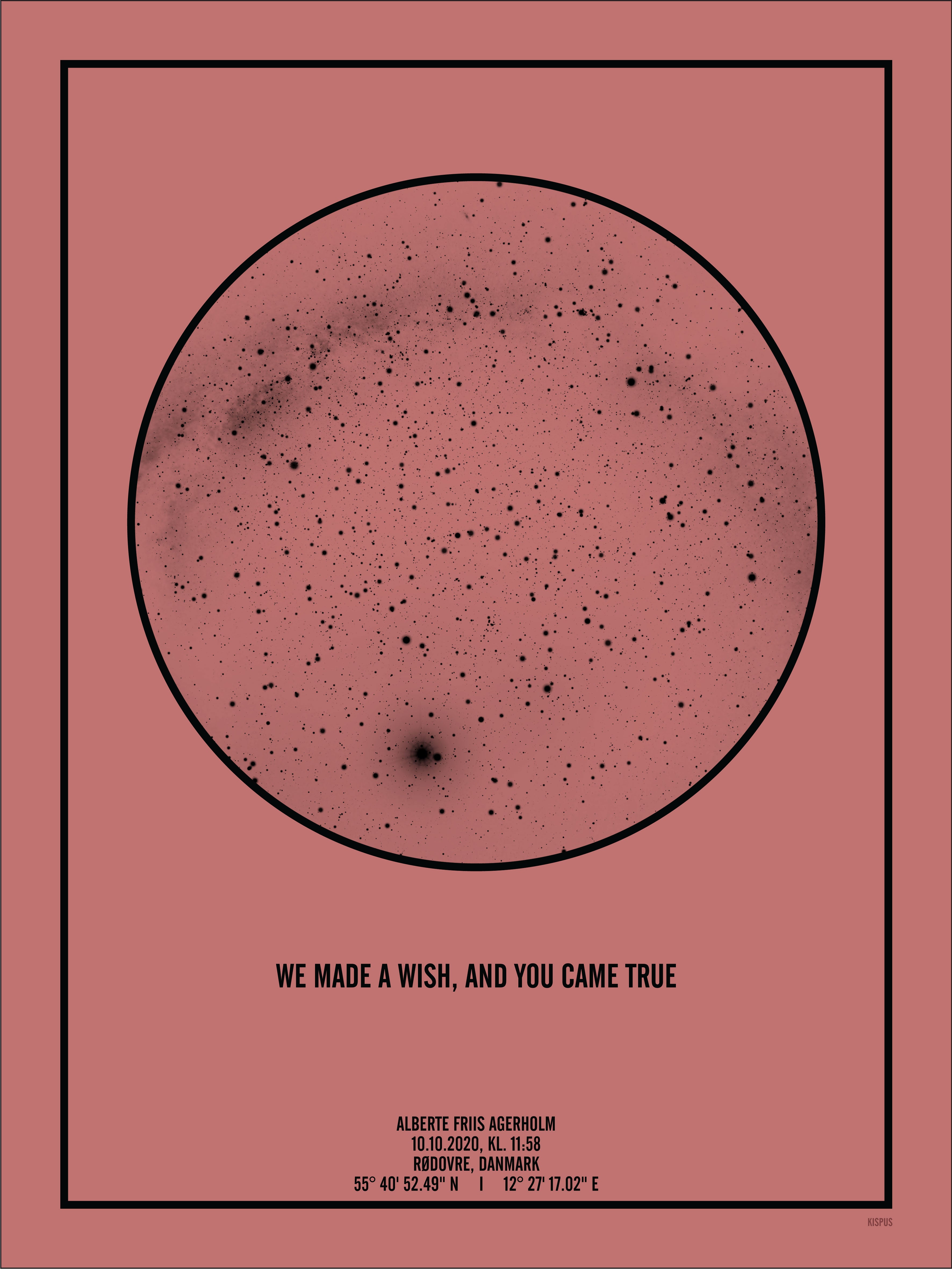 Billede af PERSONLIG STJERNEHIMMEL PLAKAT (BLUSH) - A4 / Sort tekst + blush-farvet stjernehimmel / Stjernehimmel med mælkevej