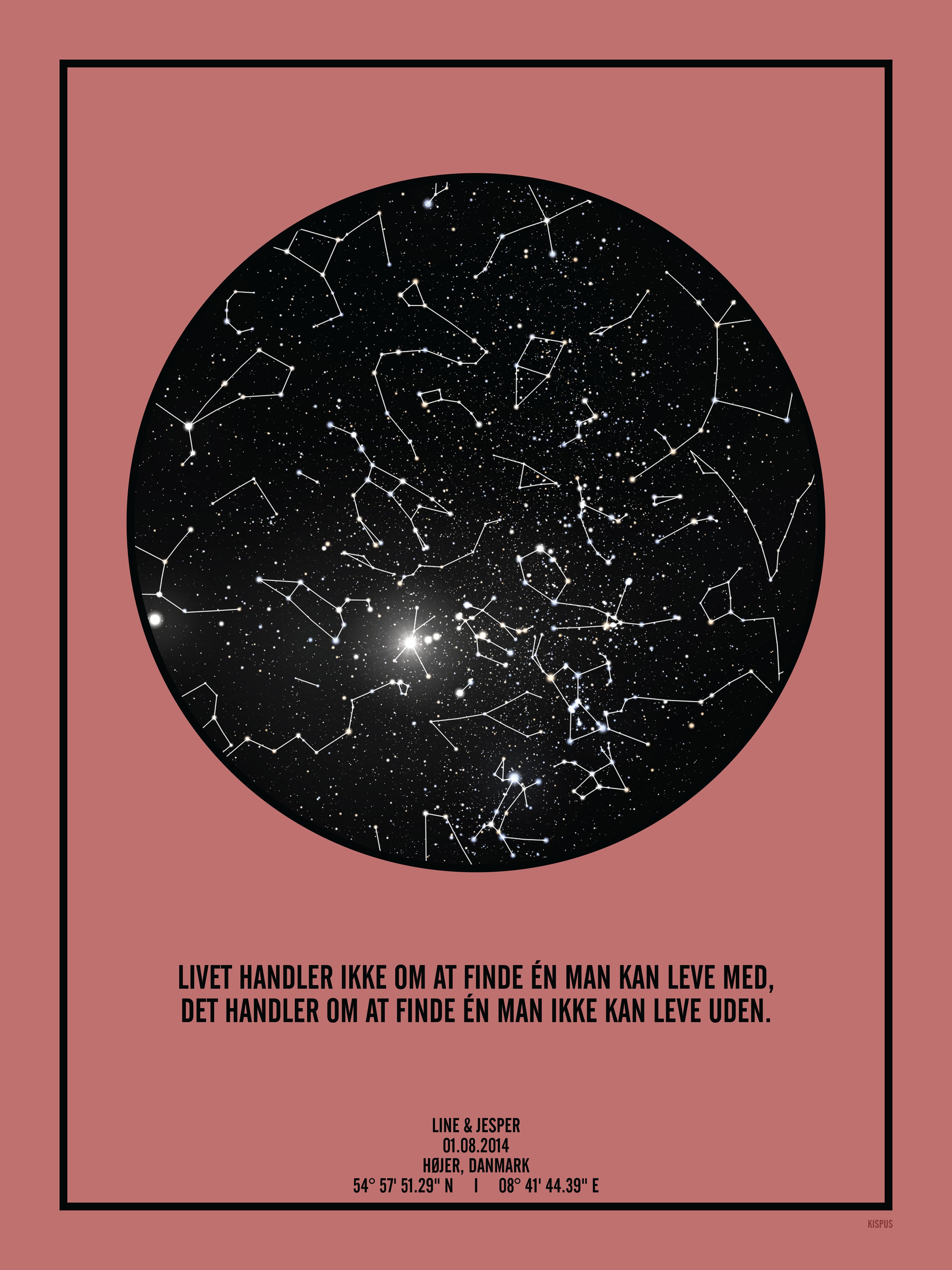 Billede af PERSONLIG STJERNEHIMMEL PLAKAT (BLUSH) - A4 / Sort tekst og sort stjernehimmel / Stjernehimmel med stjernebilleder