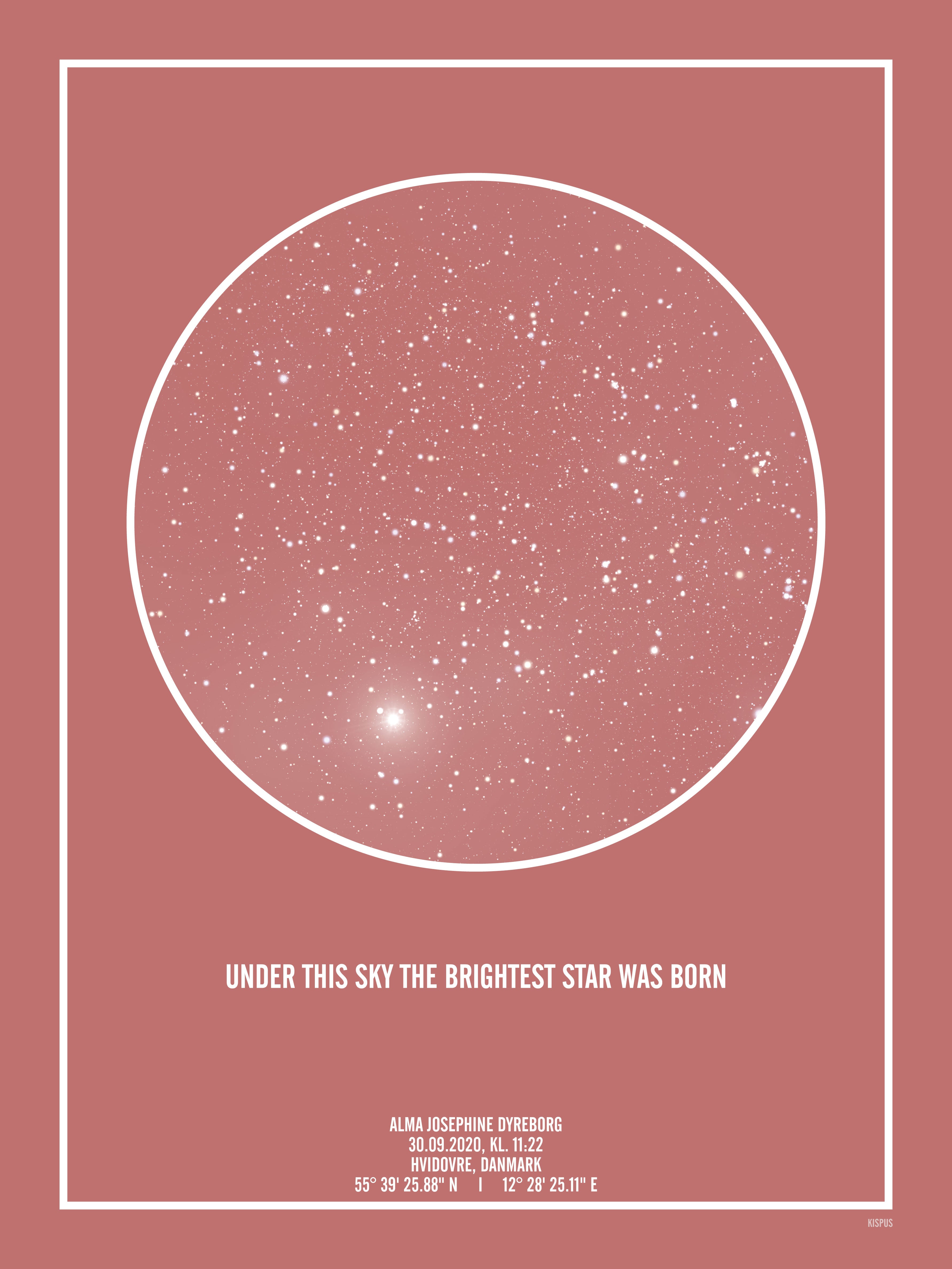 Se PERSONLIG STJERNEHIMMEL PLAKAT (BLUSH) - A4 / Hvid tekst + blush-farvet stjernehimmel / Klar stjernehimmel hos KISPUS