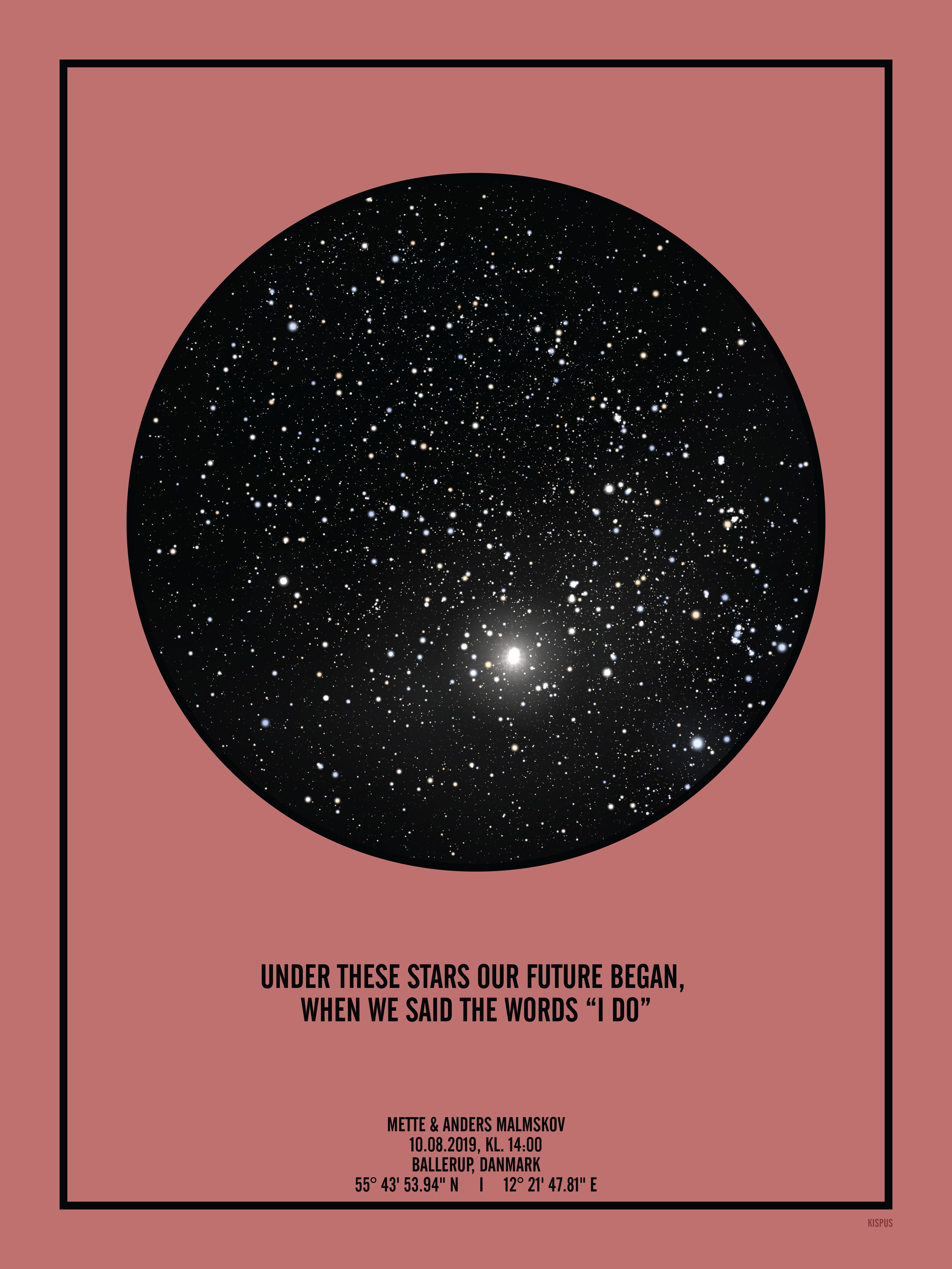 Billede af PERSONLIG STJERNEHIMMEL PLAKAT (BLUSH) - A4 / Sort tekst og sort stjernehimmel / Klar stjernehimmel