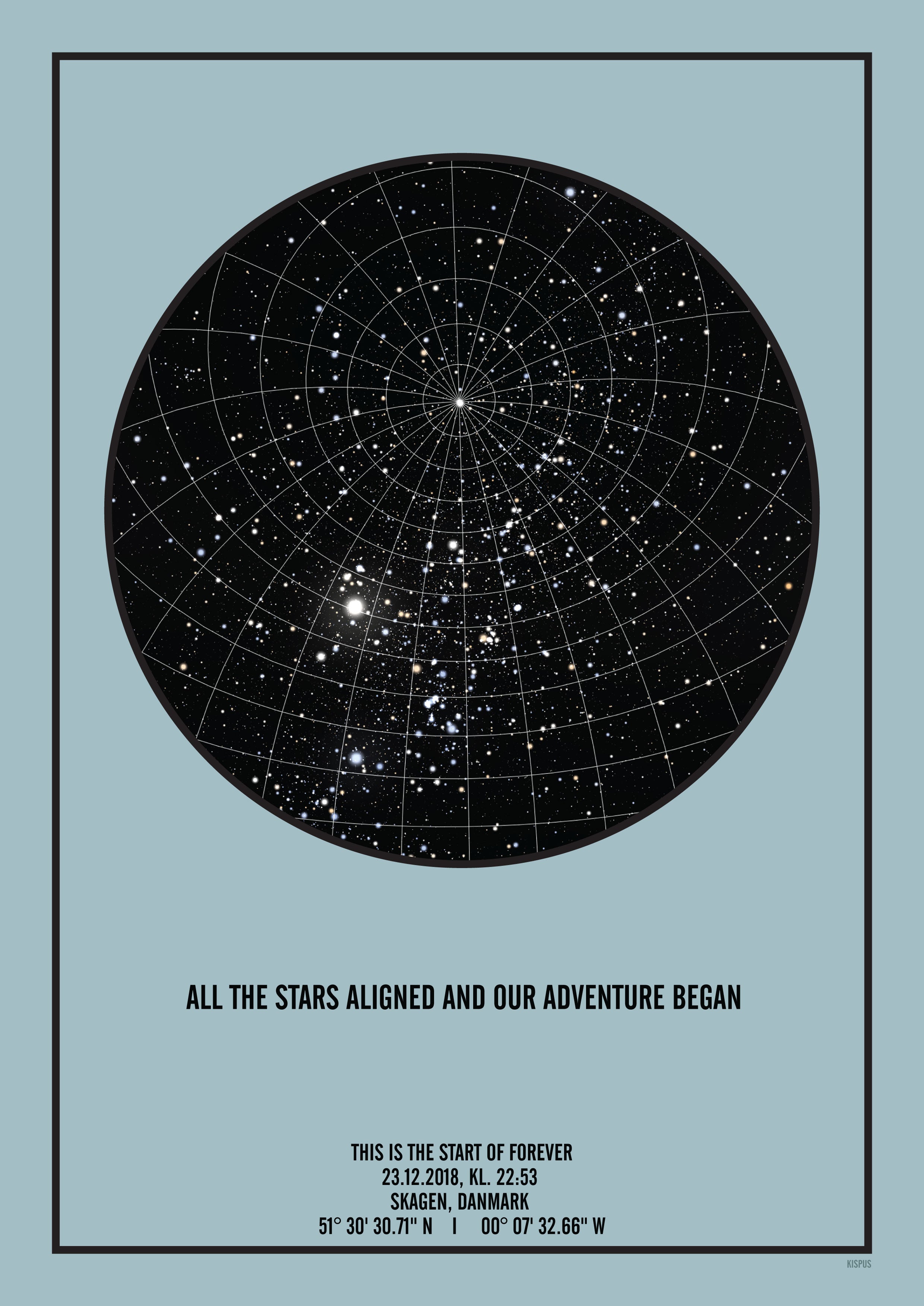Billede af PERSONLIG STJERNEHIMMEL PLAKAT (LYSEBLÅ) - A4 / Sort tekst og sort stjernehimmel / Stjernehimmel med Gitter