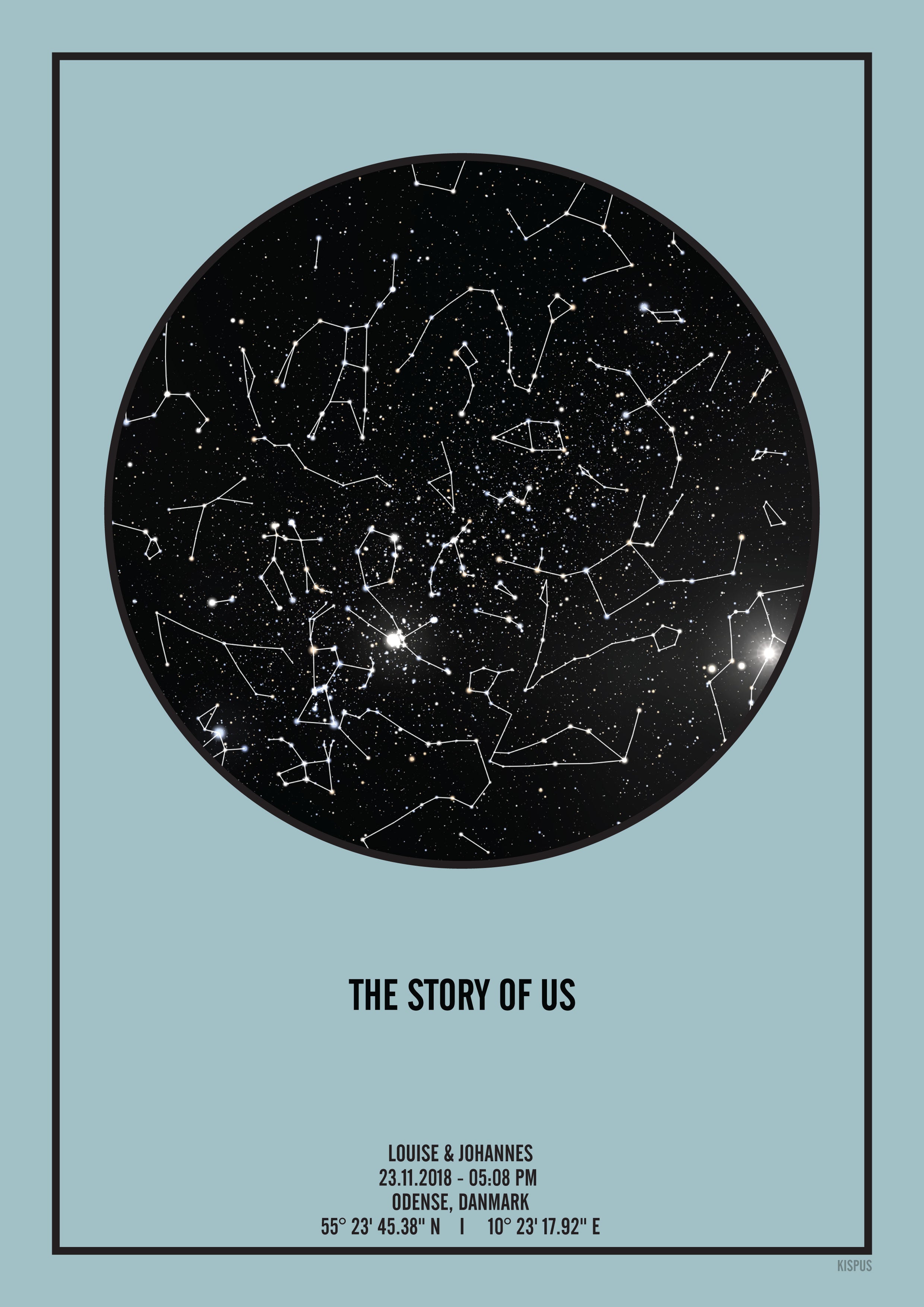 Billede af PERSONLIG STJERNEHIMMEL PLAKAT (LYSEBLÅ) - A4 / Sort tekst og sort stjernehimmel / Stjernehimmel med stjernebilleder
