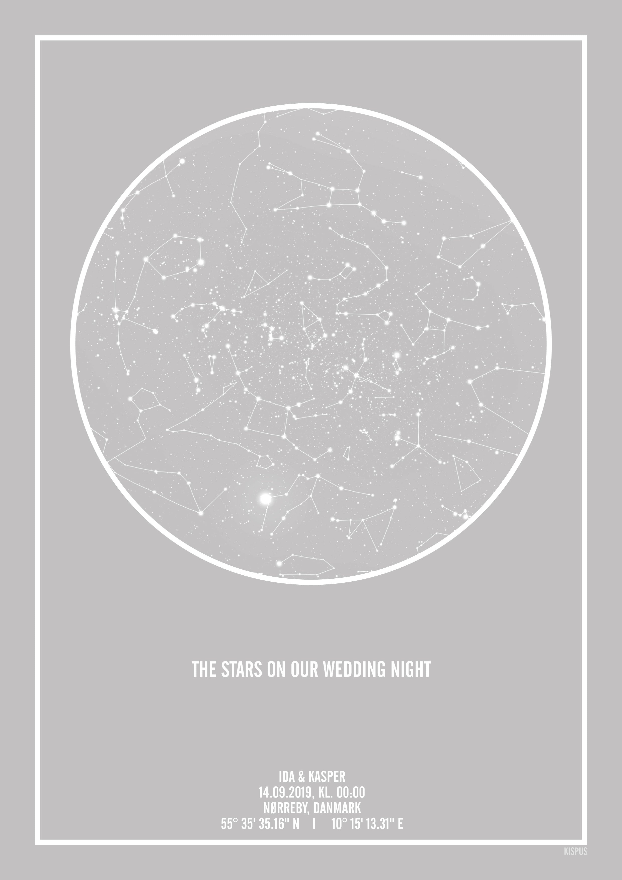 Billede af PERSONLIG STJERNEHIMMEL PLAKAT (LYSEGRÅ) - A4 / Hvid tekst + grå stjernehimmel / Stjernehimmel med Stjernebilleder