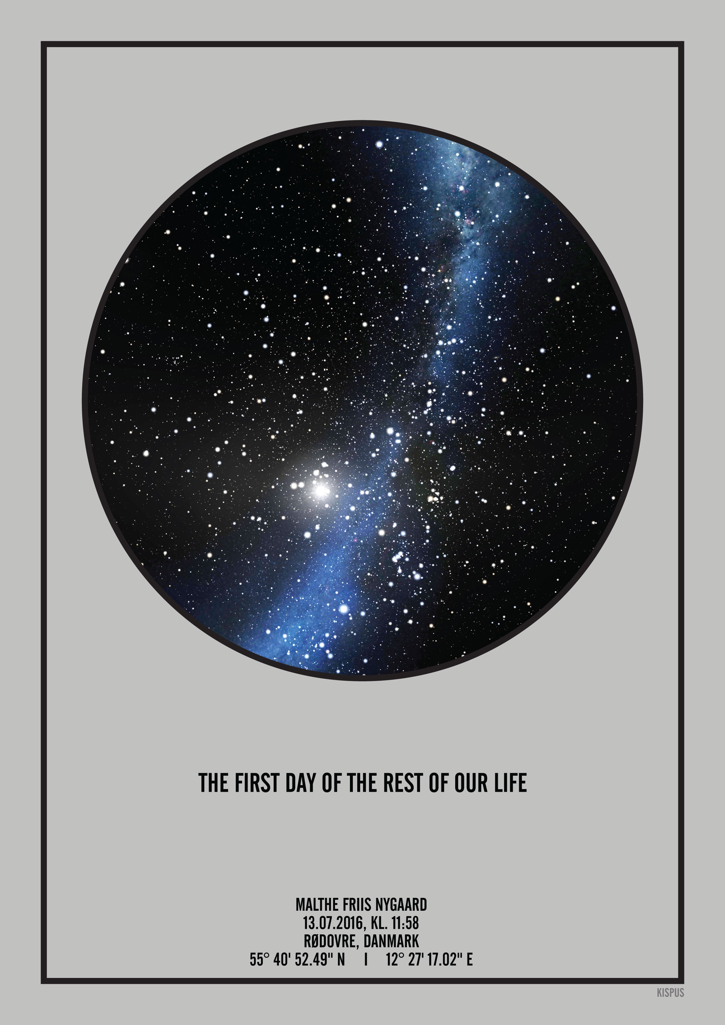 Billede af PERSONLIG STJERNEHIMMEL PLAKAT (LYSEGRÅ) - A4 / Sort tekst + sort stjernehimmel / Stjernehimmel med Mælkevej