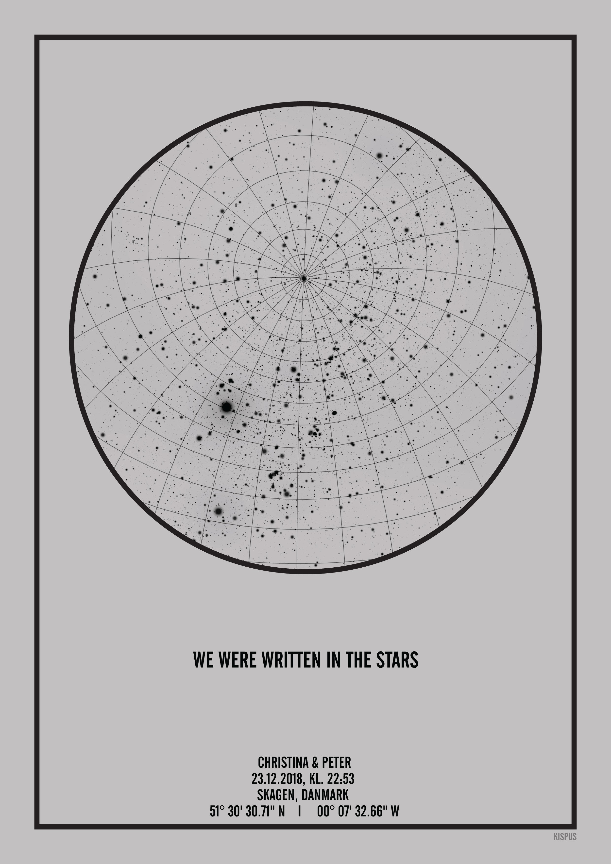 Billede af PERSONLIG STJERNEHIMMEL PLAKAT (LYSEGRÅ) - A4 / Sort tekst + grå stjernehimmel / Stjernehimmel med Gitter
