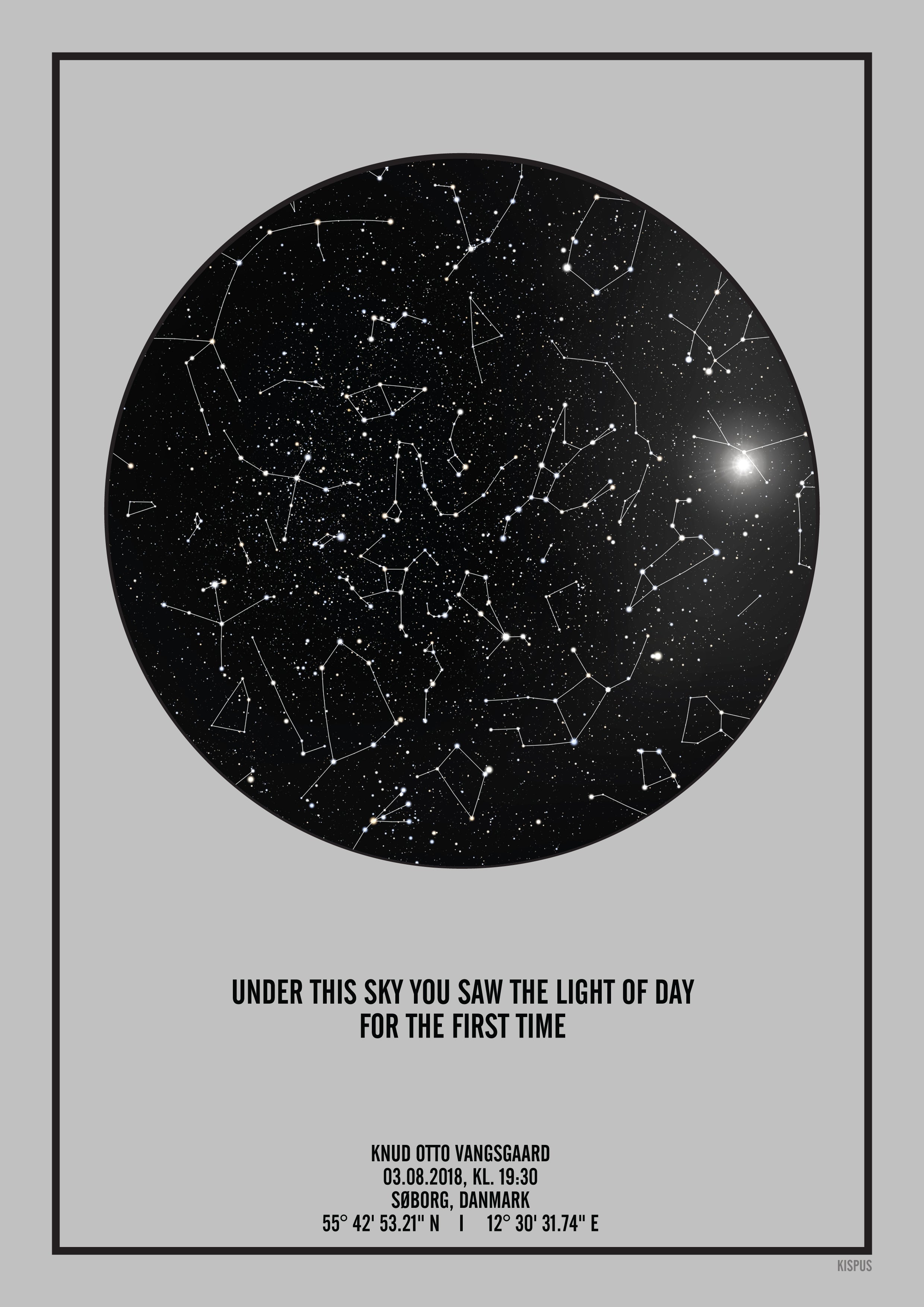 Billede af PERSONLIG STJERNEHIMMEL PLAKAT (LYSEGRÅ) - A4 / Sort tekst + sort stjernehimmel / Stjernehimmel med Stjernebilleder