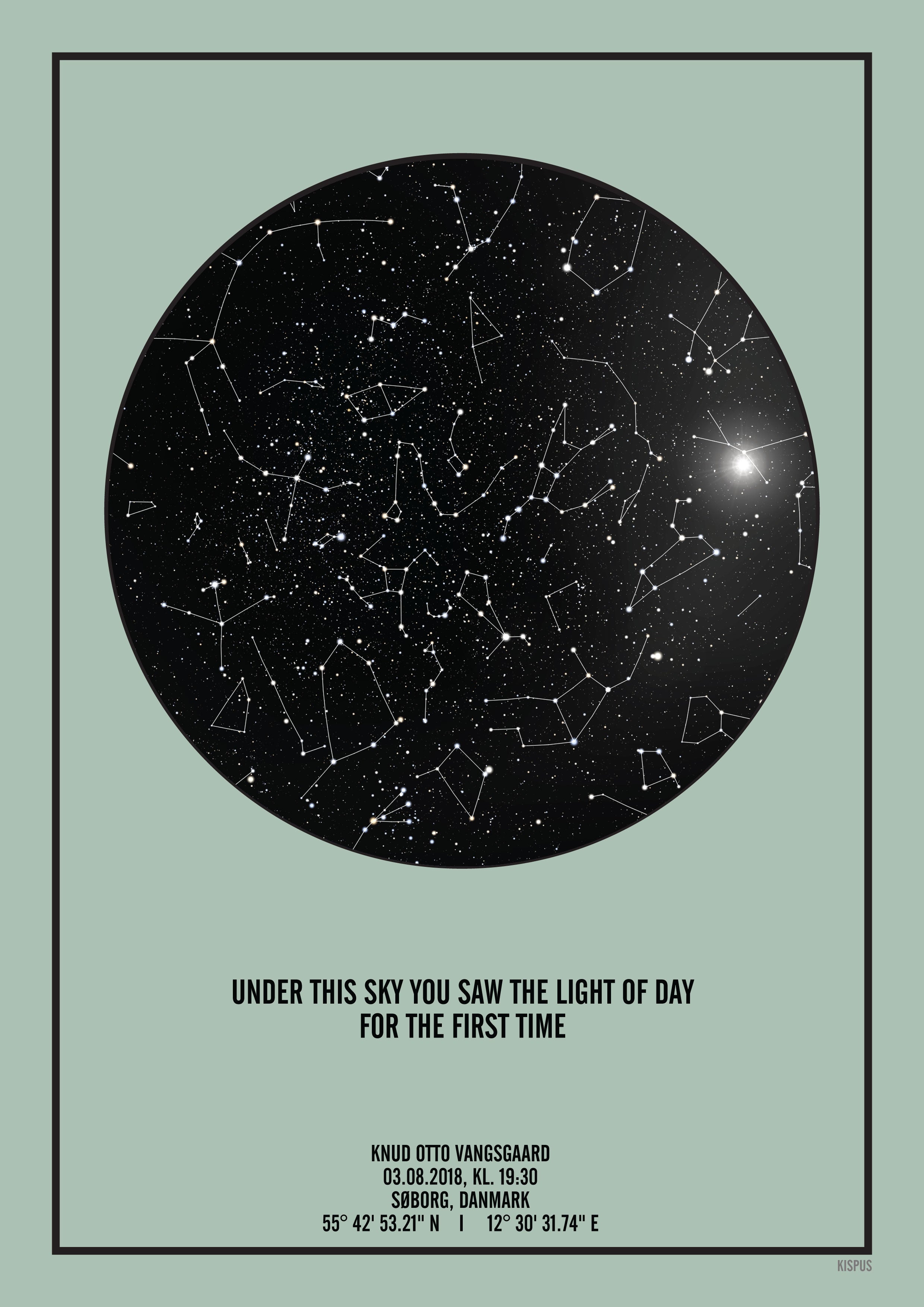 Se PERSONLIG STJERNEHIMMEL PLAKAT (LYSEGRØN) - 50x70 / Sort tekst + sort stjernehimmel / Stjernehimmel med stjernebilleder hos KISPUS