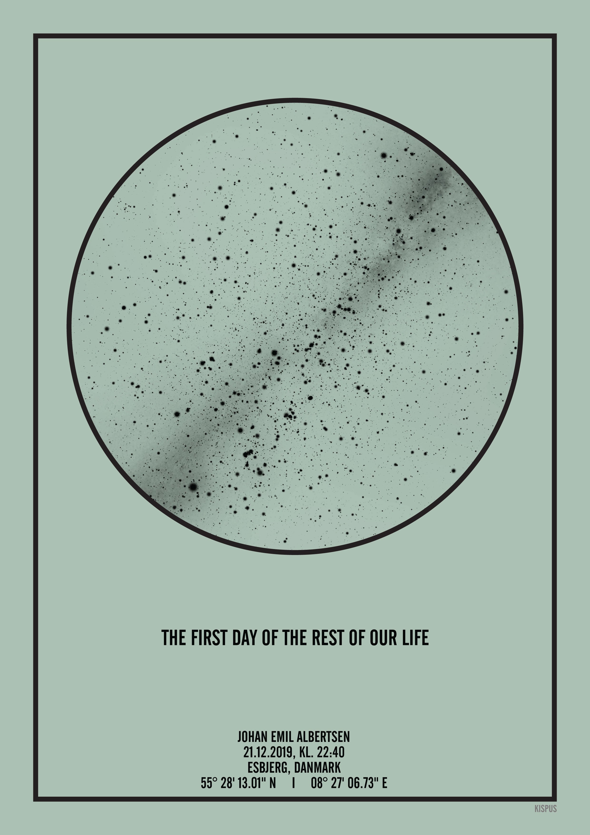 Billede af PERSONLIG STJERNEHIMMEL PLAKAT (LYSEGRØN) - A4 / Sort tekst + lysegrøn stjernehimmel / Stjernehimmel med mælkevej