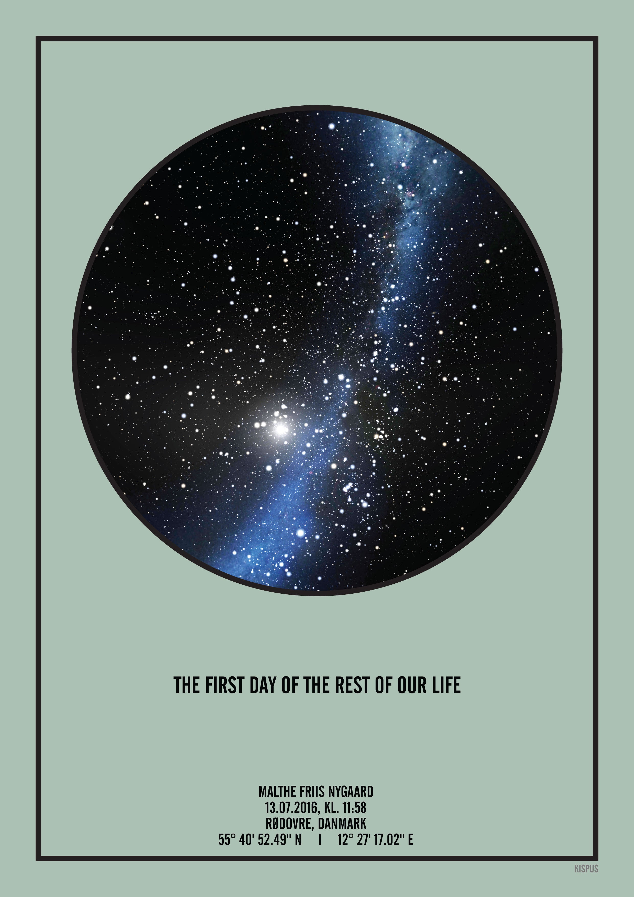 Billede af PERSONLIG STJERNEHIMMEL PLAKAT (LYSEGRØN) - A4 / Sort tekst + sort stjernehimmel / Stjernehimmel med mælkevej