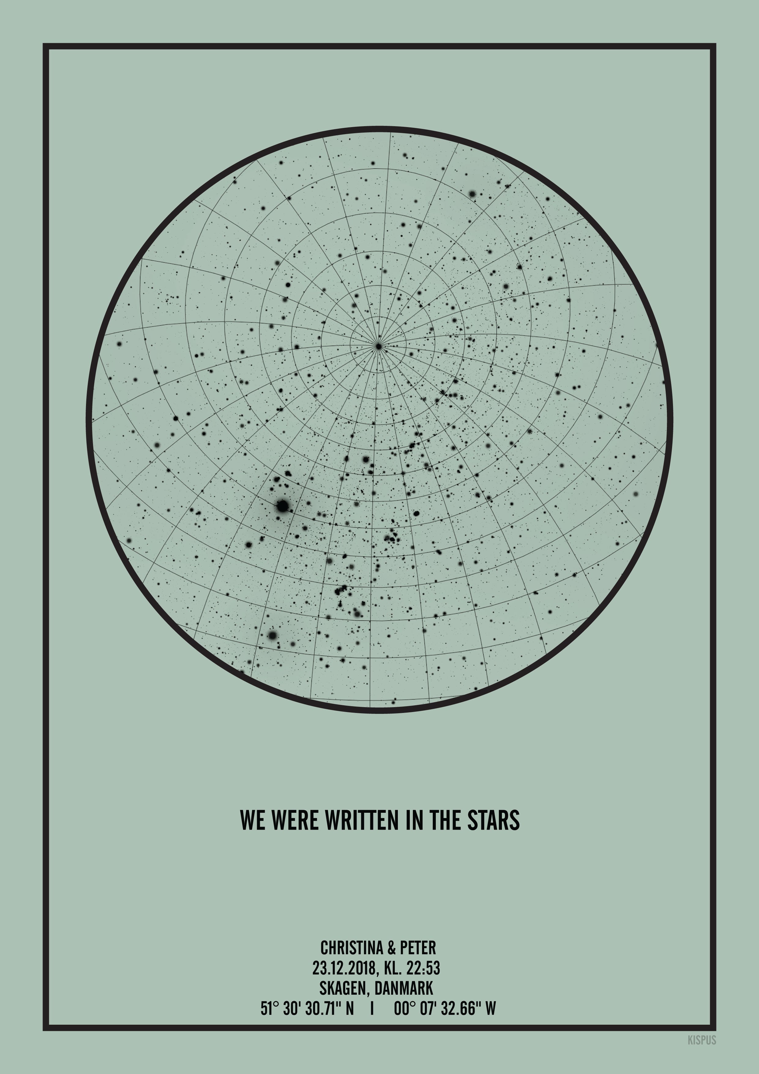 Billede af PERSONLIG STJERNEHIMMEL PLAKAT (LYSEGRØN) - A4 / Sort tekst + lysegrøn stjernehimmel / Stjernehimmel med gitter