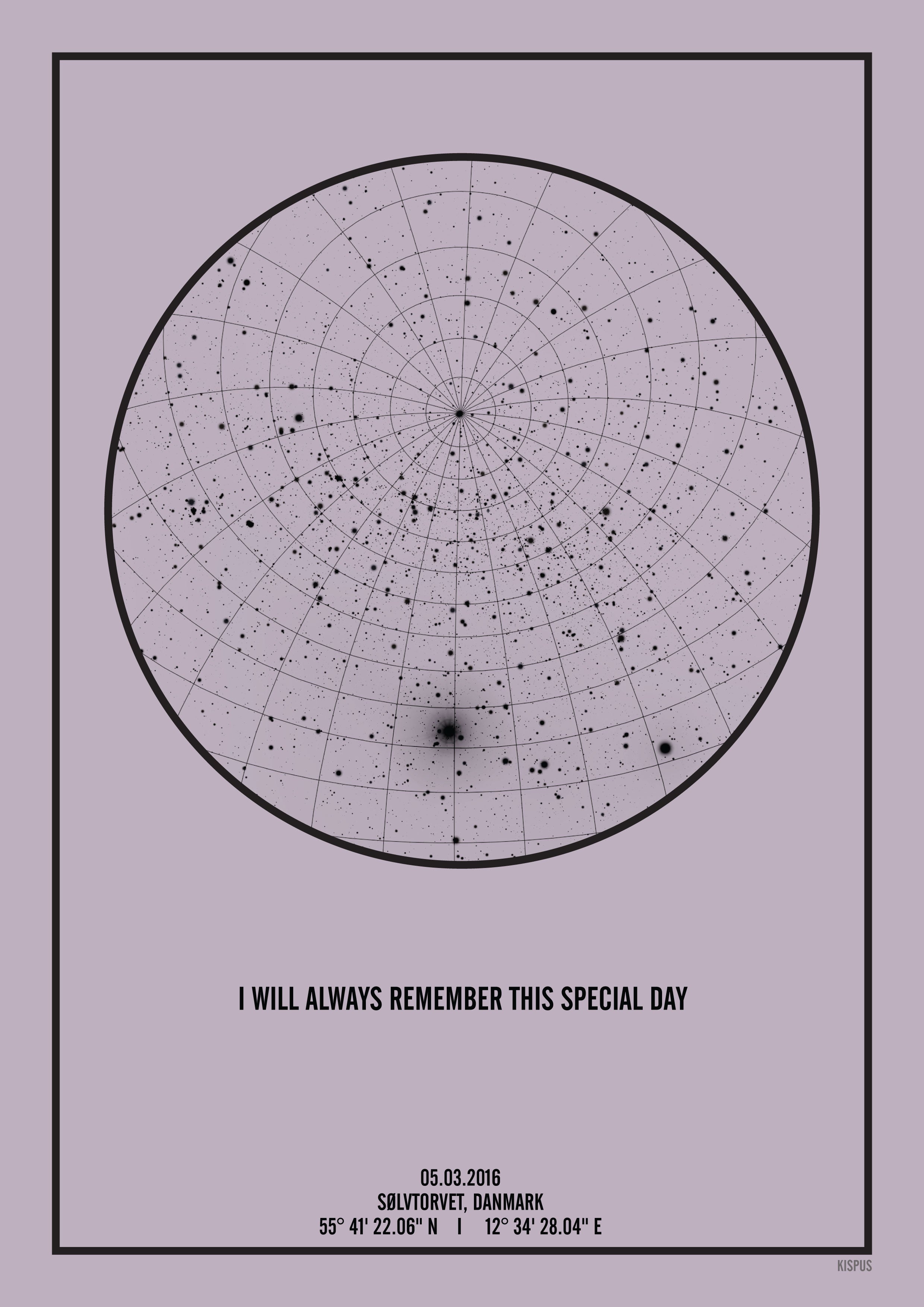 Se PERSONLIG STJERNEHIMMEL PLAKAT (LYSELILLA) - A4 / Sort tekst og lyselilla stjernehimmel / Stjernehimmel med gitter hos KISPUS