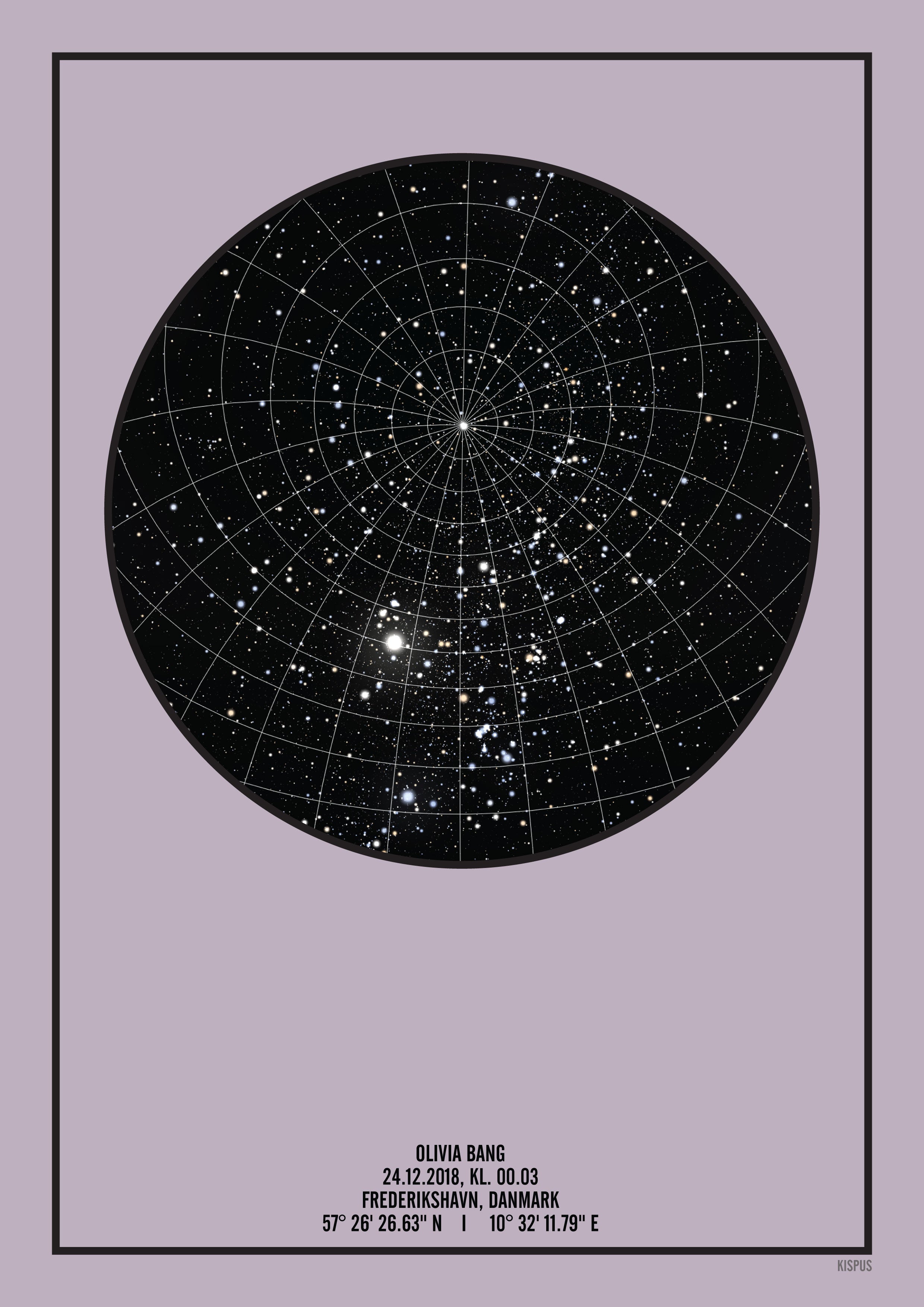 Se PERSONLIG STJERNEHIMMEL PLAKAT (LYSELILLA) - A4 / Sort tekst og sort stjernehimmel / Stjernehimmel med gitter hos KISPUS