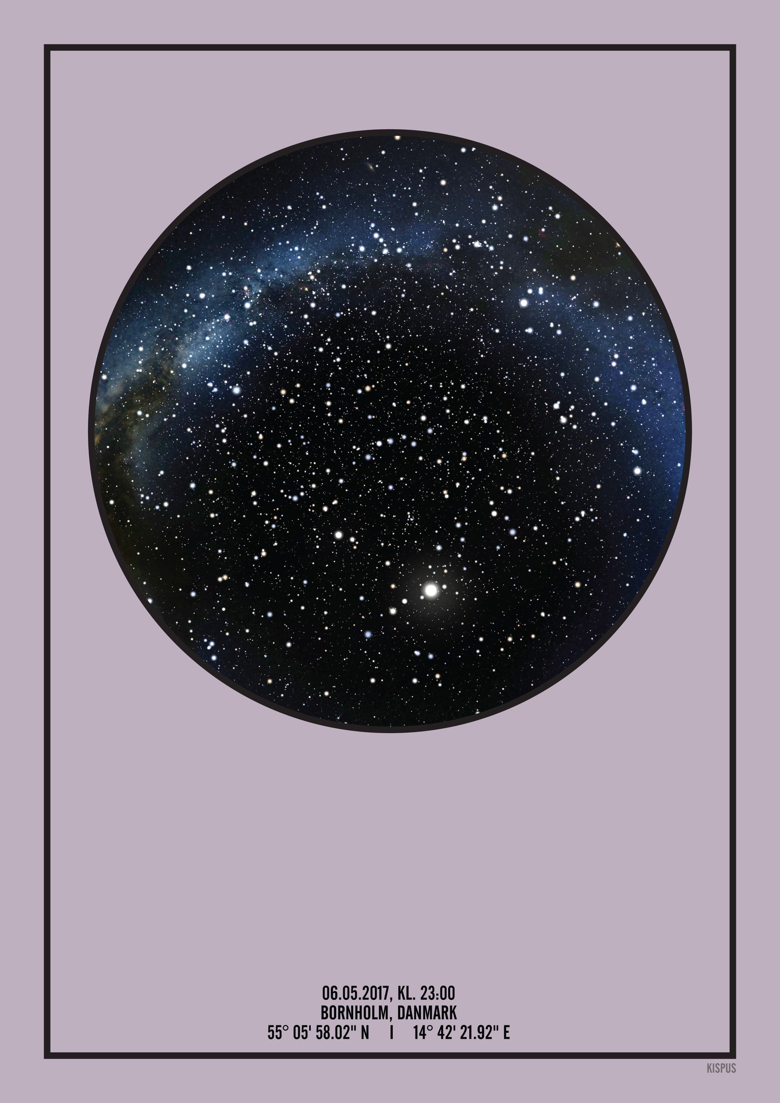 Billede af PERSONLIG STJERNEHIMMEL PLAKAT (LYSELILLA) - A4 / Sort tekst og sort stjernehimmel / Stjernehimmel med mælkevej
