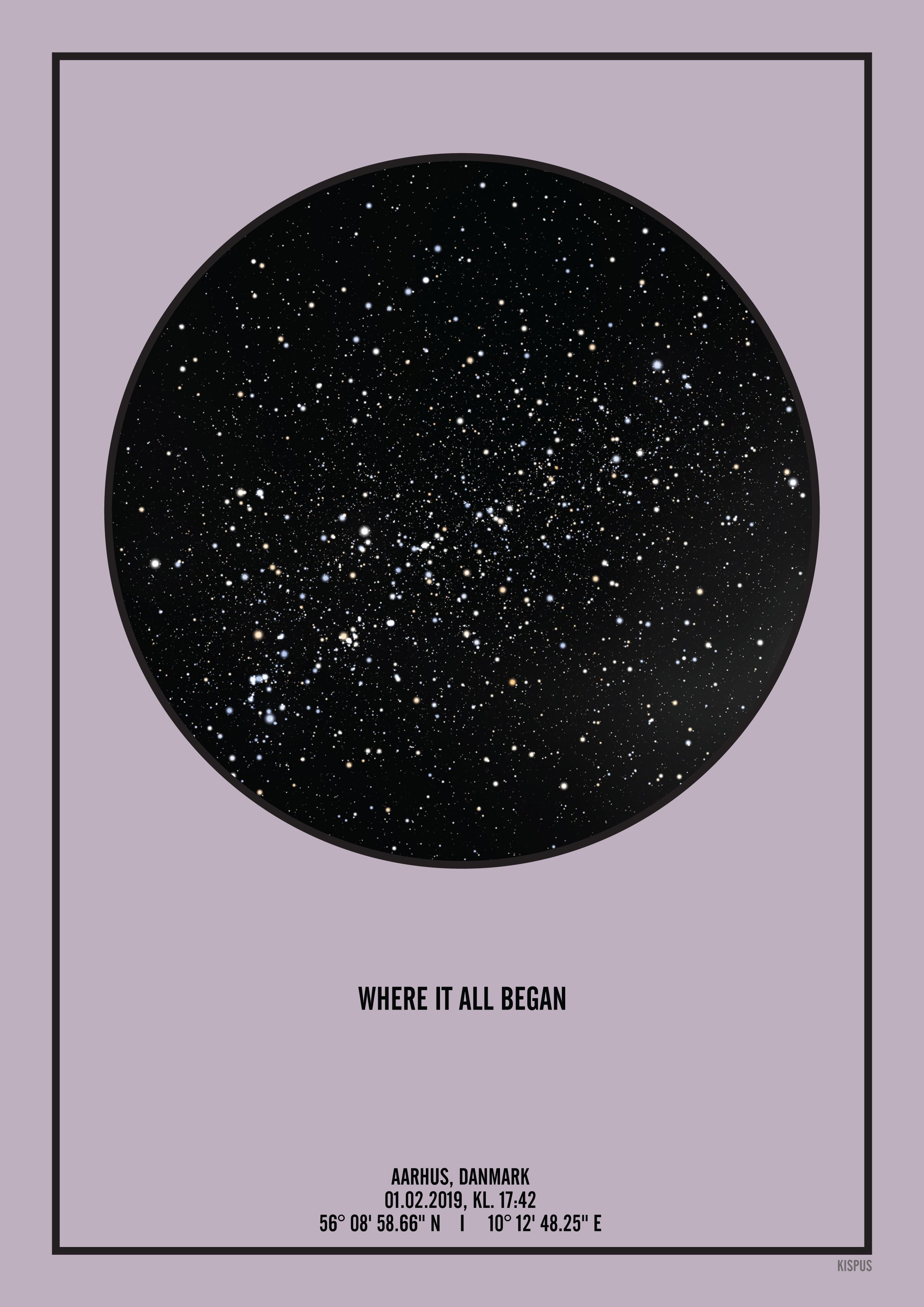 Se PERSONLIG STJERNEHIMMEL PLAKAT (LYSELILLA) - A4 / Sort tekst og sort stjernehimmel / Klar stjernehimmel hos KISPUS