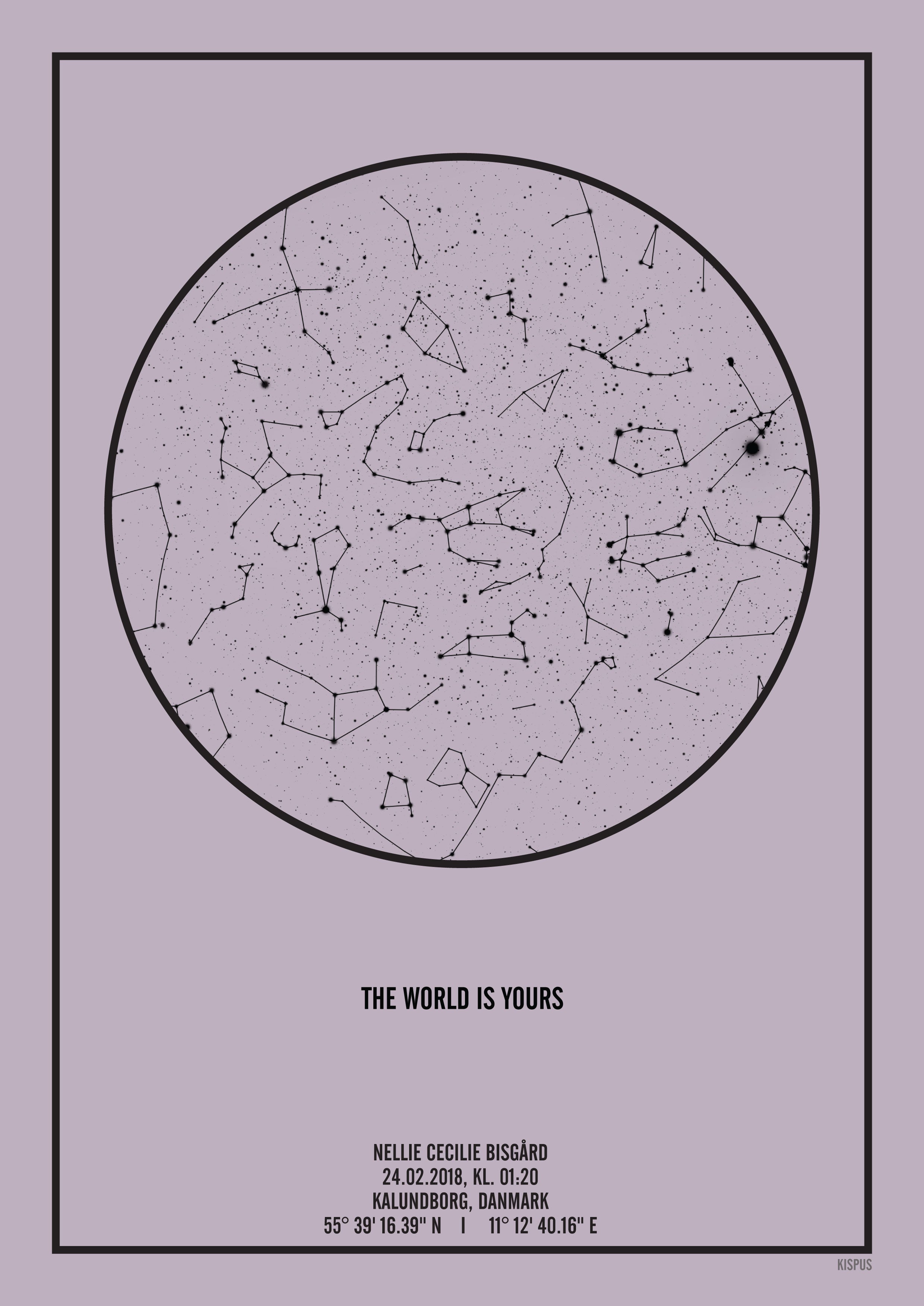 Billede af PERSONLIG STJERNEHIMMEL PLAKAT (LYSELILLA) - 30x40 / Sort tekst og lyselilla stjernehimmel / Stjernehimmel med stjernebilleder