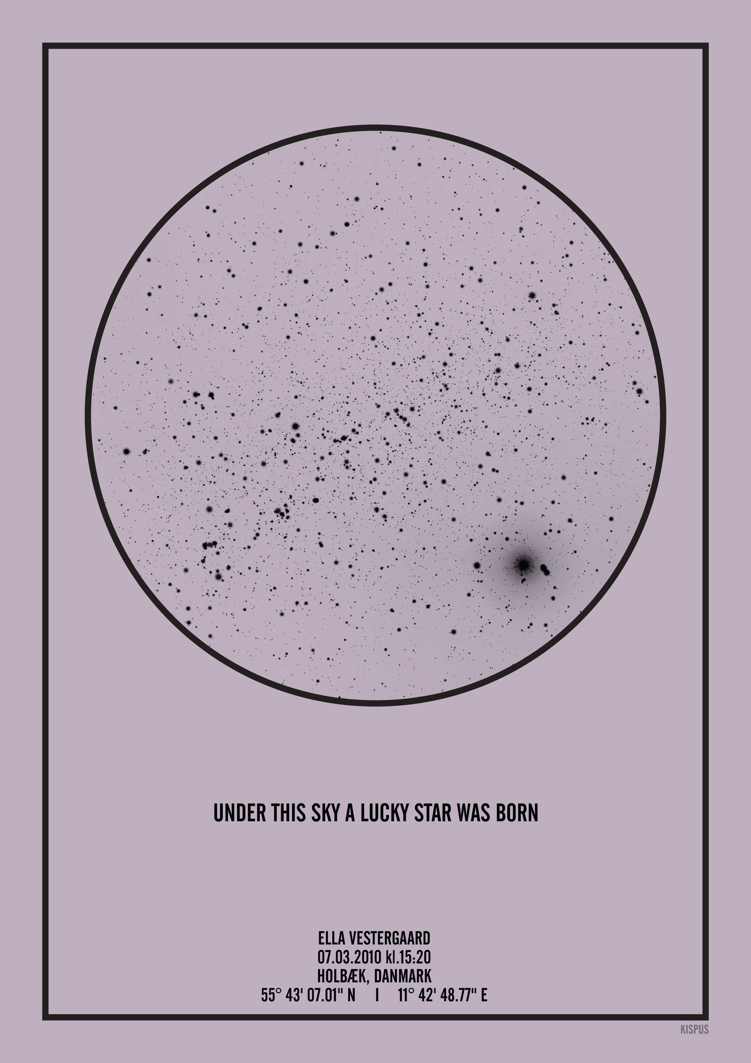 Billede af PERSONLIG STJERNEHIMMEL PLAKAT (LYSELILLA) - A4 / Sort tekst og lyselilla stjernehimmel / Klar stjernehimmel