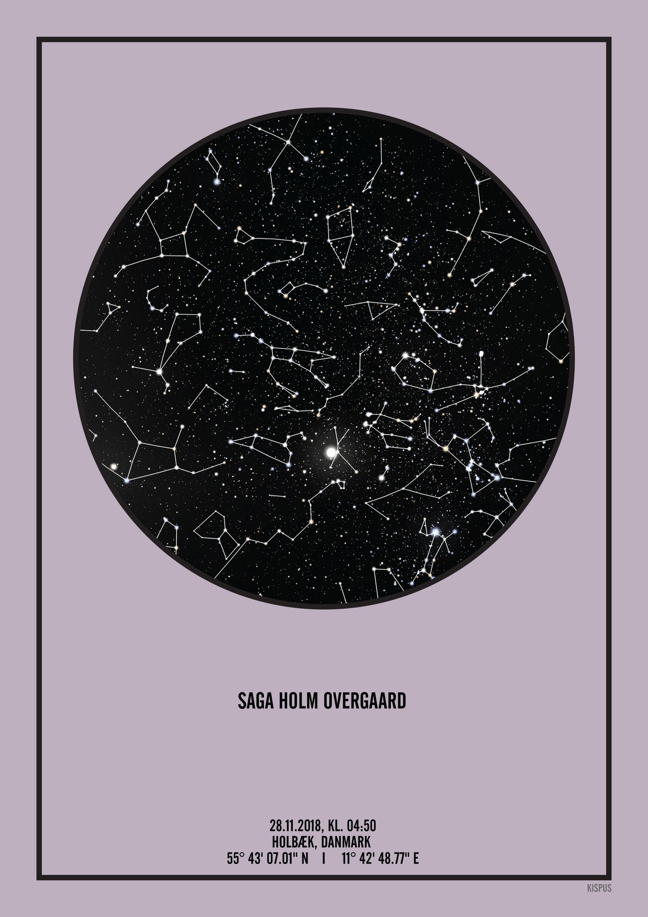 Billede af PERSONLIG STJERNEHIMMEL PLAKAT (LYSELILLA) - A4 / Sort tekst og sort stjernehimmel / Stjernehimmel med stjernebilleder
